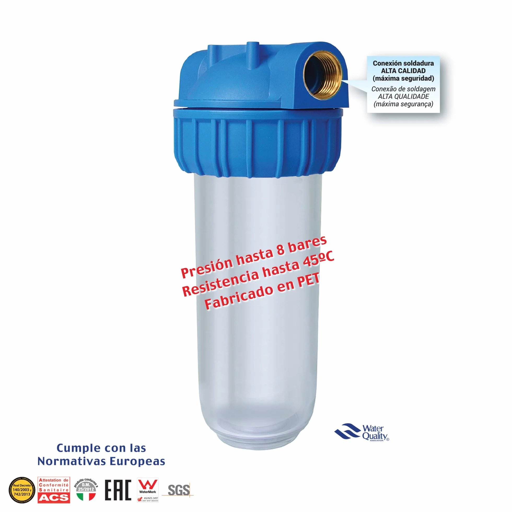 Filtro de agua de 10" Rosca Metal de 1" con soporte para pared y llave para cambio de Cartucho o Filtro. No Incluye Filtro. Fácil Instalación y Mantenimiento. Bbagua.