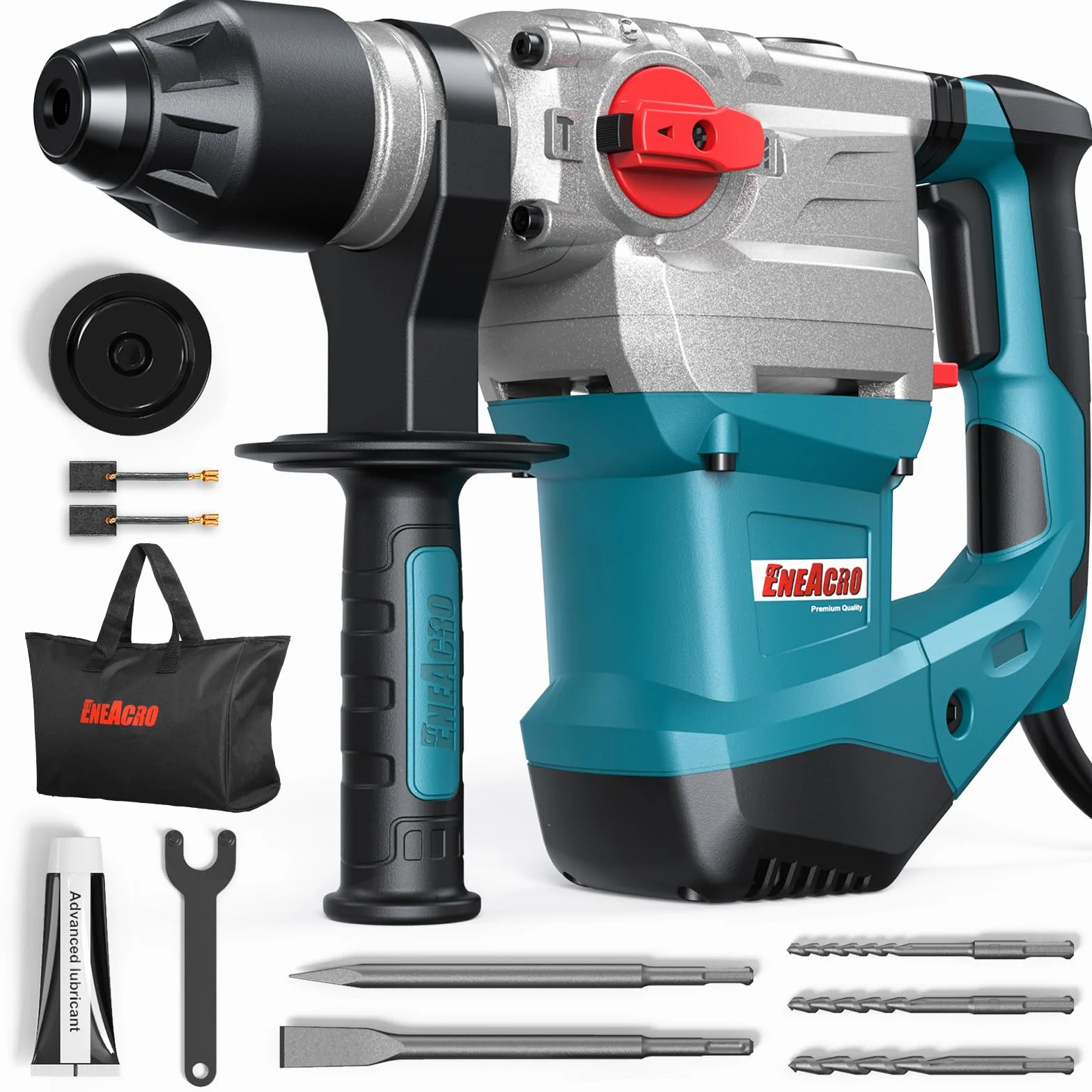 ENEACRO SDS-Plus Martillo Perforador de Alta Potencia, 1500W y 7J, con Embrague de Seguridad y Control de Vibración, 4 Funciones, Incluye Grasa, Cinceles, Brocas y Bolsa de Herramientas