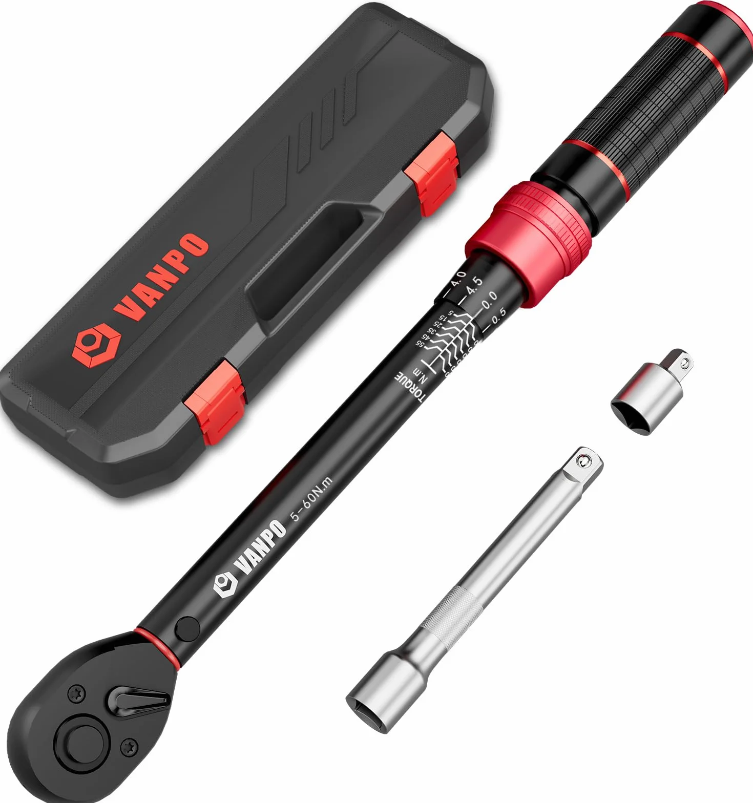 VANPO 3/8" Llave Dinamométrica 5-60Nm, 72 Dientes Bicicleta y Moto Llave Dinamométrica Set 3 Piezas con Barra de Extensión de 125cm, 3/8"-1/4" Adaptador, para Reemplazo de Bujía