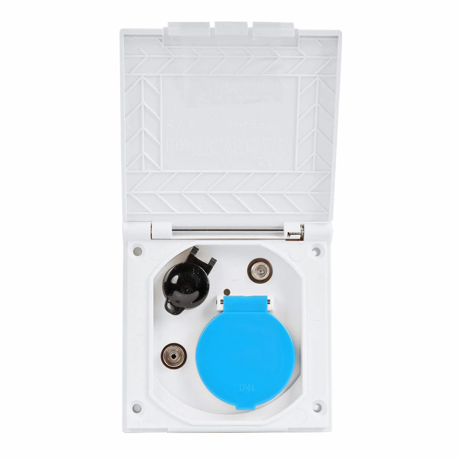 CEE - Enchufe para exteriores (240 V, 12 V, antena satélite, IP44, ideal para caravanas, autocaravanas o autobuses de camping), color blanco