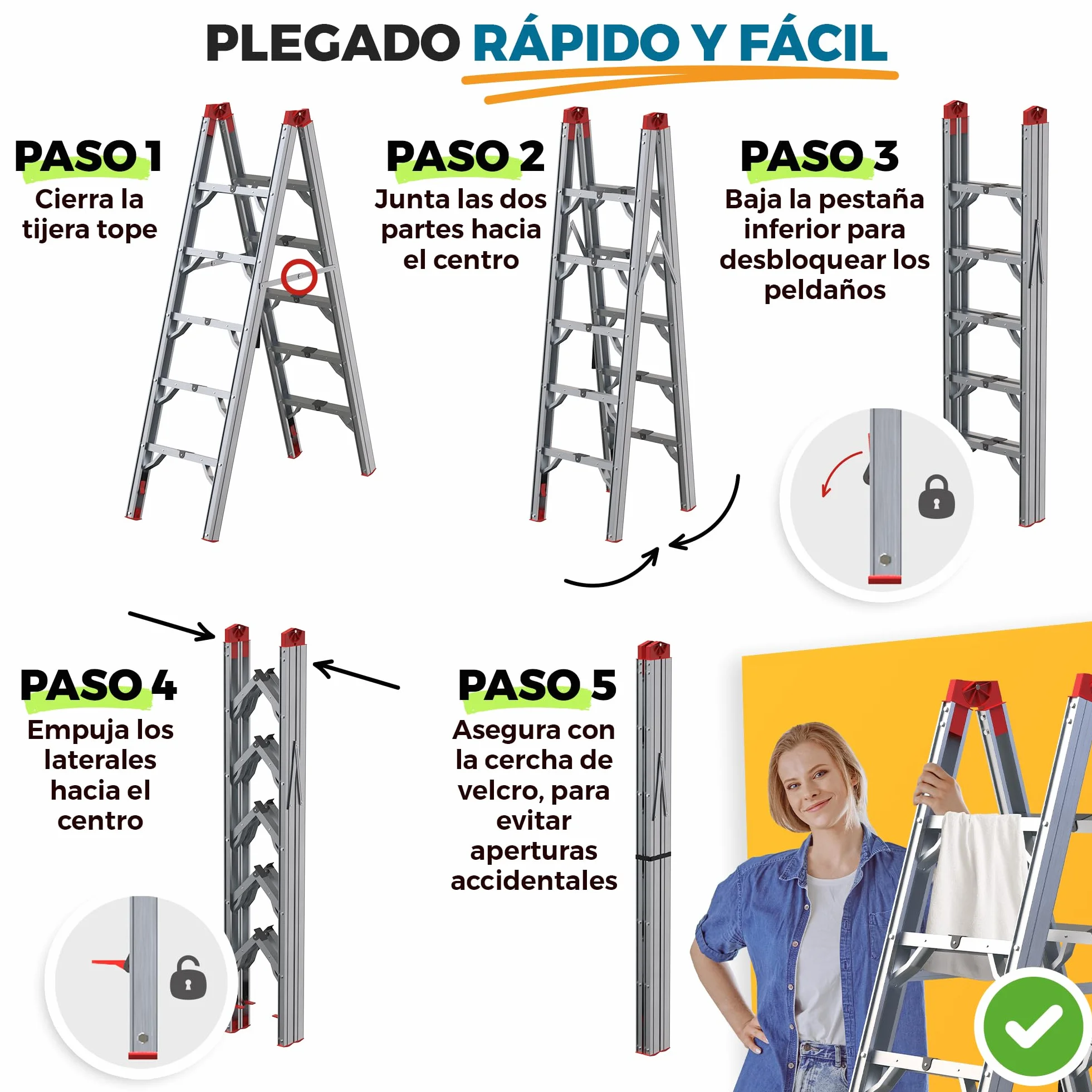 Escalera Plegable de Aluminio 5 Peldaños - Escaleras Plegables Aluminio 180 cm - Segura y Antideslizante para Hogar, Taller y Construcción - Plegado Compacto y Rápido para Espacios Reducidos