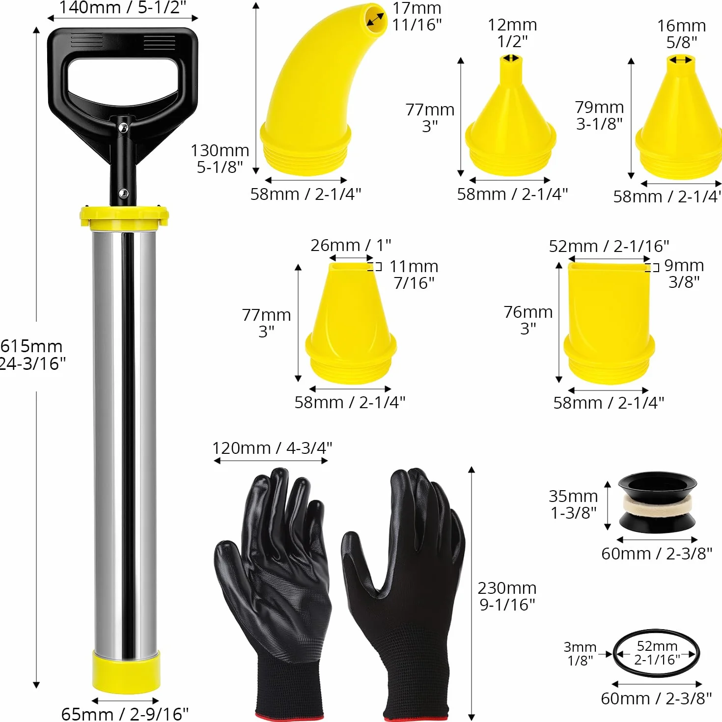 QWORK® Aplicador de Mortero Inoxidable con 5 Boquillas - Pistola de Mortero para Reparar Grietas y Calafateo - Incluye Cabezal de Sellado de Repuesto y Guantes