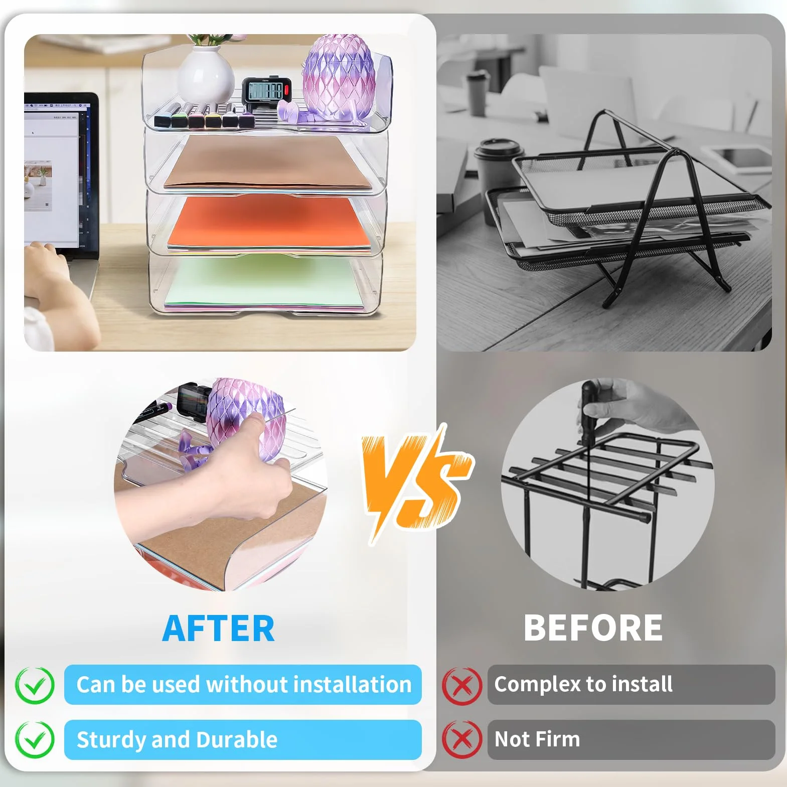 Organizador de escritorio transparente apilable 4 bandejas para archivos A4, iPad, cartas