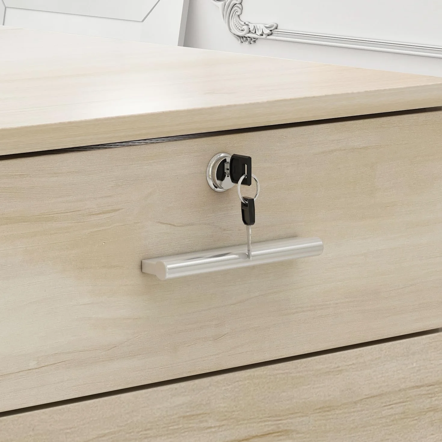 Mesa de recepción con compartimentos abiertos, 1 cajón y 1 armario, color madera y blanco, 140x60