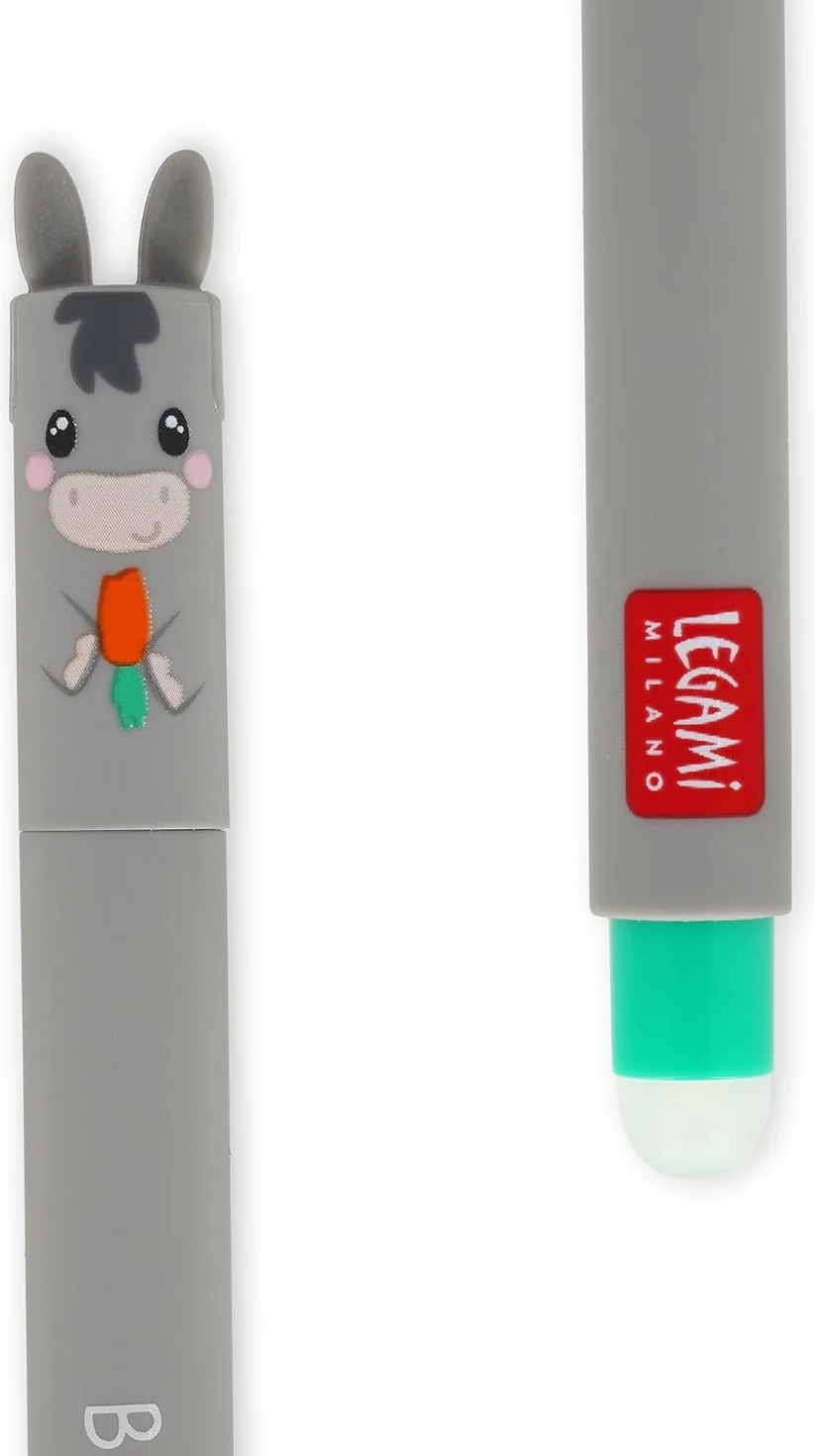 Legami Set de 4 bolígrafos de gel borrable Farm Sweet Farm, tinta termosensible, 0.7 mm, negro, rosa, verde, rojo