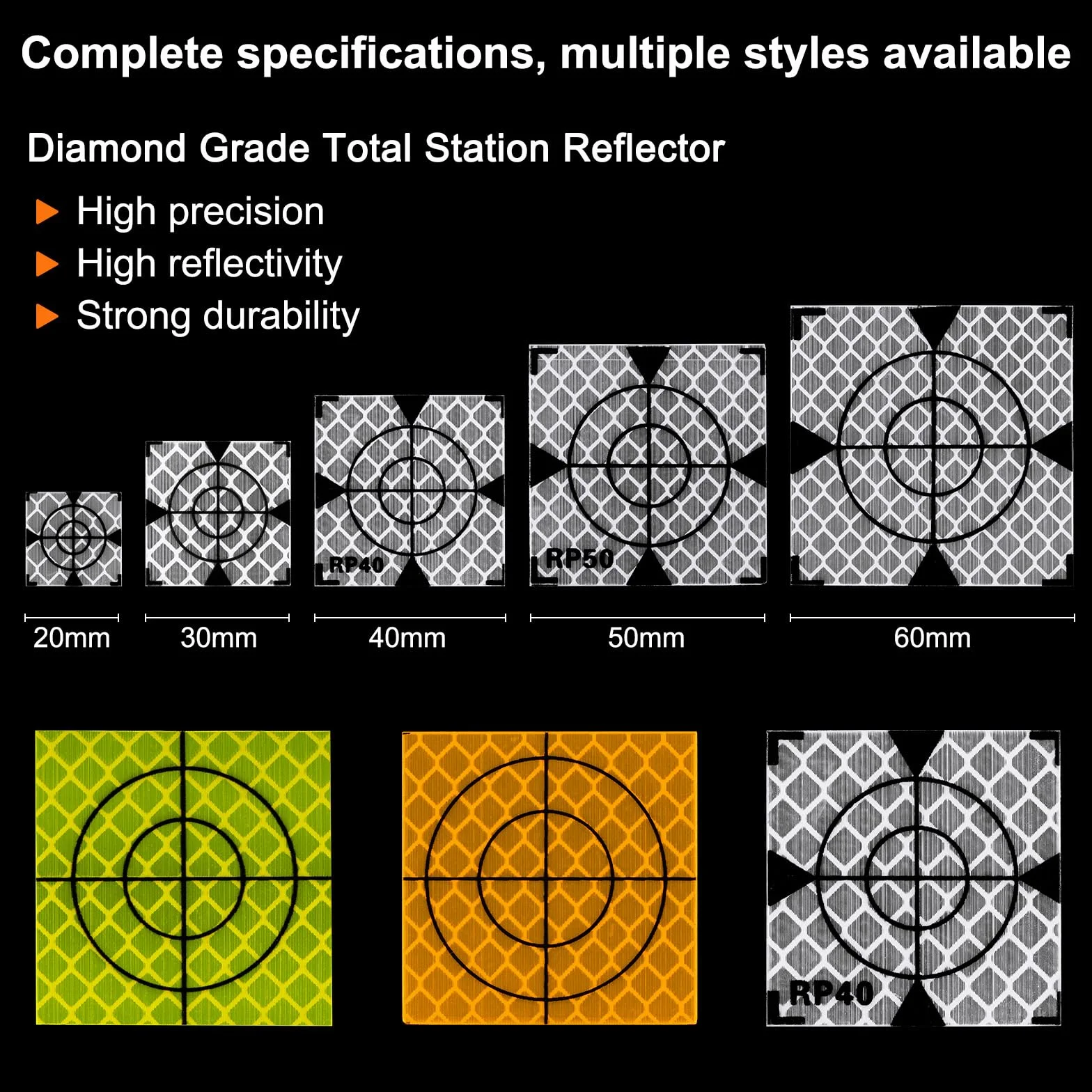 HARFINGTON 30 hojas reflectoras de encuesta de 60 x 60 mm, cinta reflectante autoadhesiva, marca de objetivo para estaciones totales, tono plateado