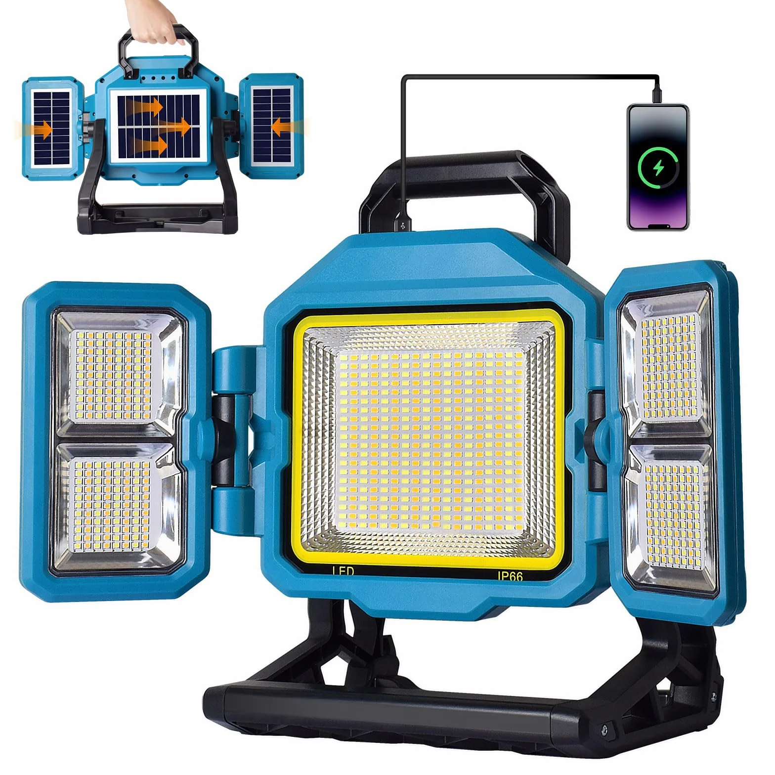 MASMEJOR 300W Foco LED Recargable, Foco LED BaterÍa 30000LM, 25000mAh con Panel Solar, 4 Modos de Luz & Iluminación de 360°, Ideal para Camping, Trabajo, Reparación, Construcción