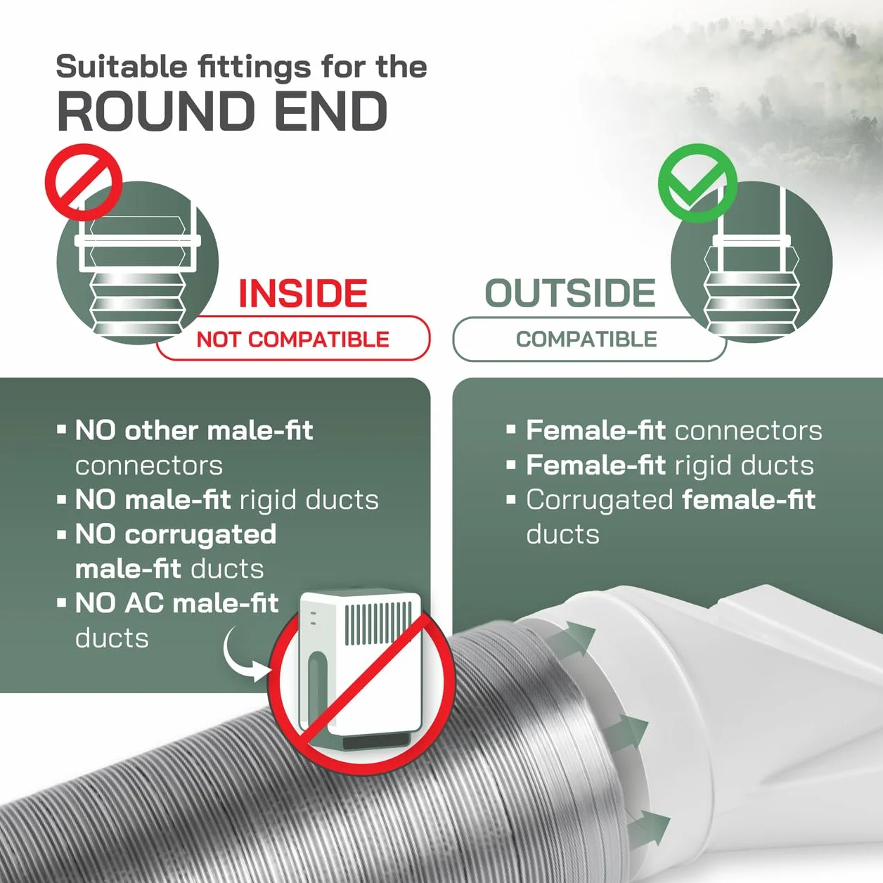 Vent Systems 220x90 mm en el conector de tubería rectangular de Ø150 mm para la conexión del tubo redondo. Sistema de ventilación, calefacción, enfriamiento - No apto para equipos de AC.