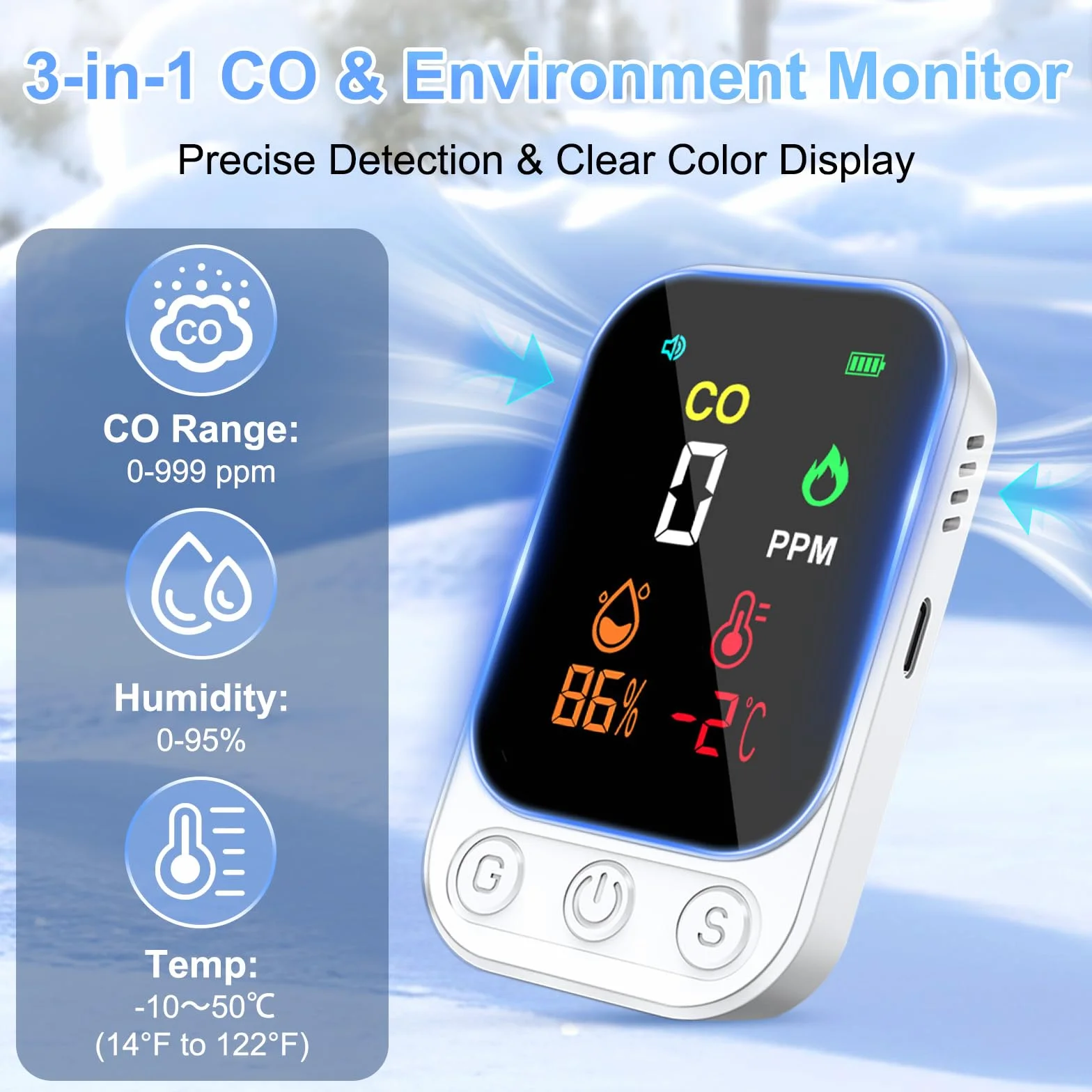 RealPlus Detector de Monóxido de Carbono Portátil 3-en-1 - Detector CO, Temperatura y Humedad con Alarma de 85 dB, Recargable, con Soporte y Agujero de Fijación para Viajes, Camping, Hotel y Casa