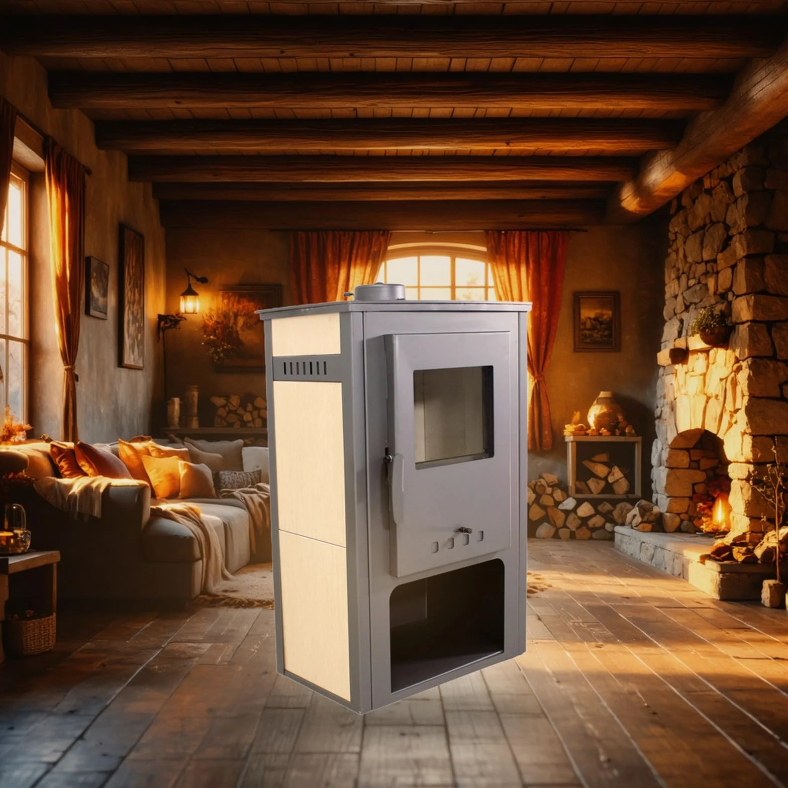 EIDER BIOMASA Estufa de Leña SAMIRA – 10,56 kW – Rendimiento 85,74% – Hasta 145.0 m³ – Doble Combustión – Certificada CE