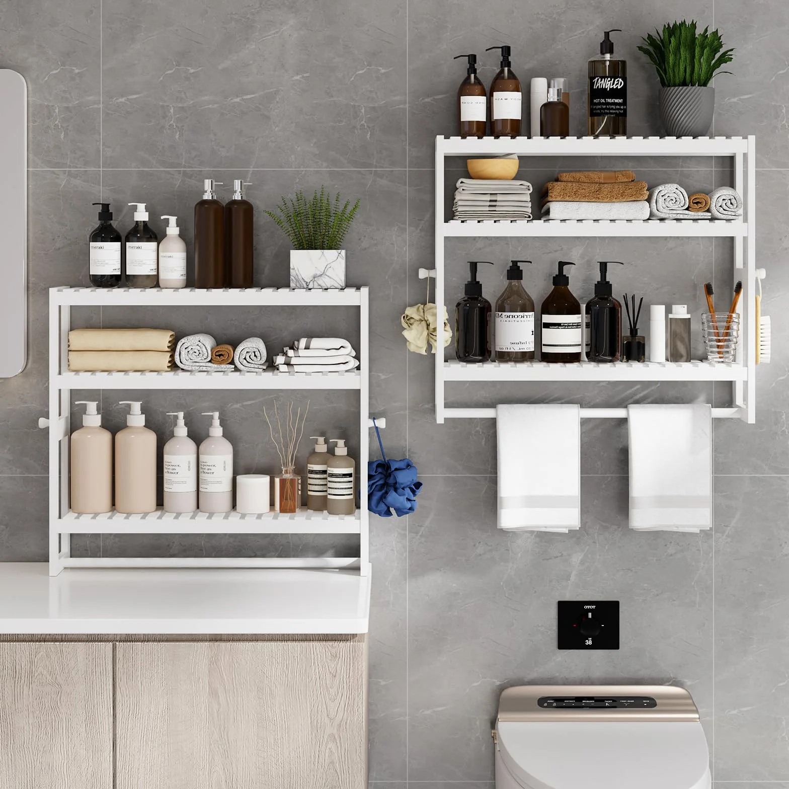 RRX Organizador de almacenamiento de estante de baño, 15 cm de profundidad x 60 cm de ancho x 53,8 cm de alto, organizador de cocina flotante de bambú de 3 niveles ajustable con barra, unidades de