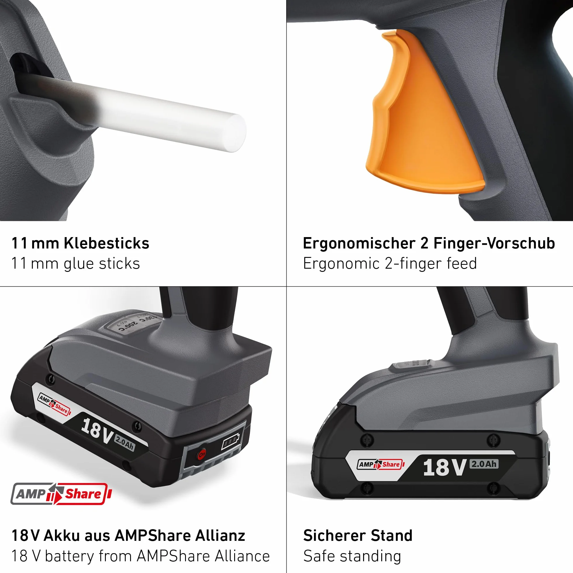 Steinel Pistola de pegamento caliente sin cable MobileGlue 5011 Set incl. batería de 2,0 Ah 18V Bosch AMPShare y barras de pegamento, 130°/200°C