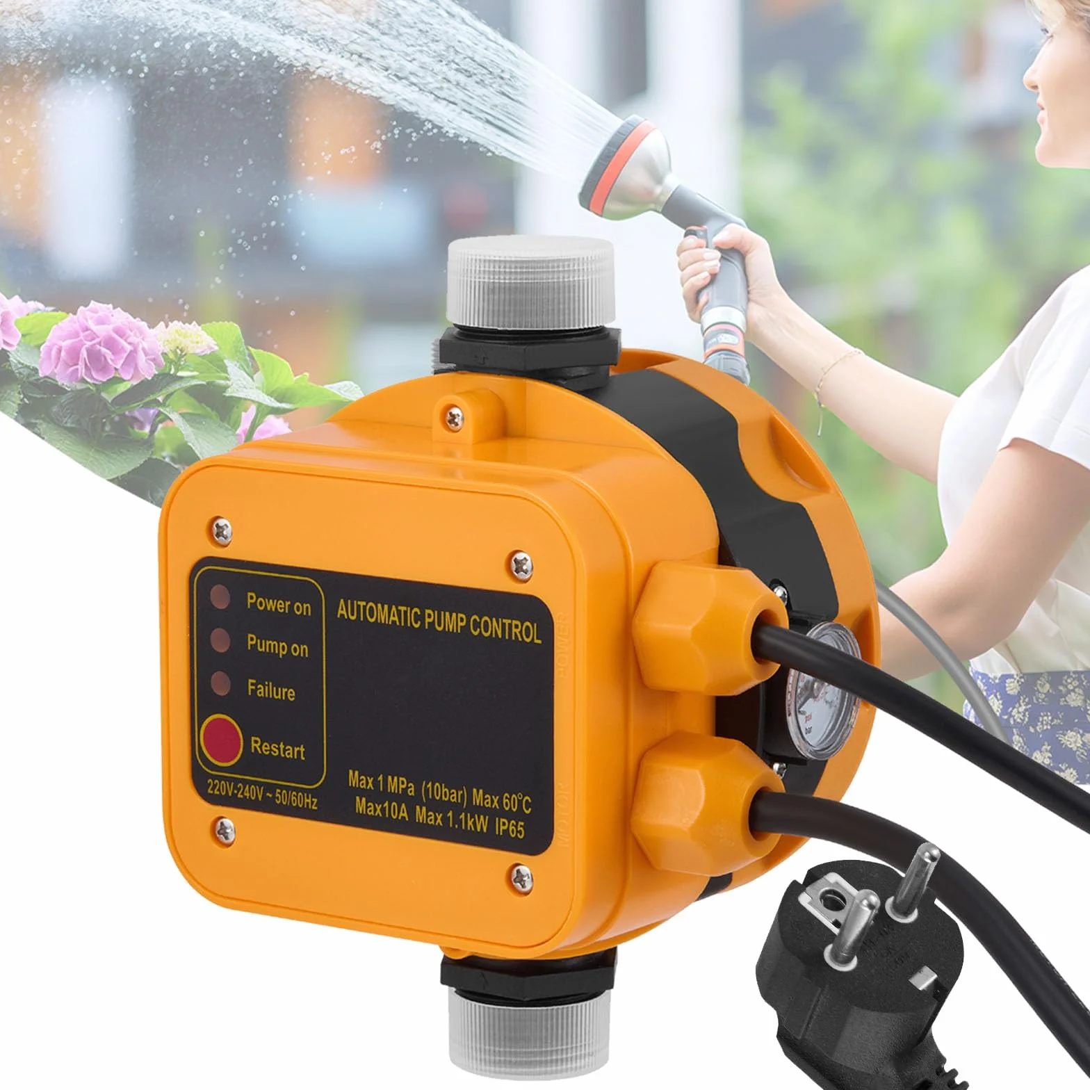Presostato Para Bomba De Agua, Monitor Electrónico De Presión Para Bombas De Agua Máx. 10 Bar 220-240 V Con Enchufe Resistente Al Agua IP54 Monitor De Caudal Para Bomba De Jardín