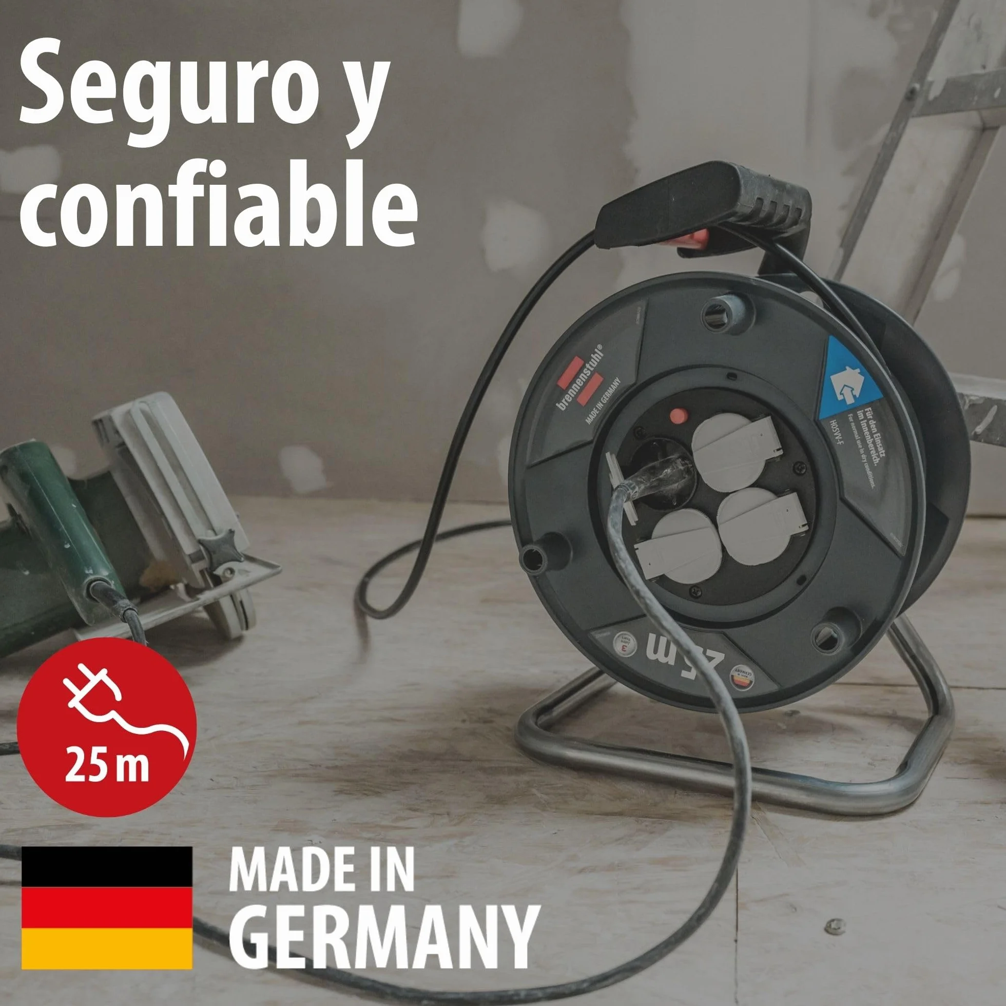 Brennenstuhl Garant V2 Enrollacables 25m cable (Fabricado en Alemania, 4 enchufes con conexión a tierra, protección contra sobrecalentamiento, cuerpo del tambor de plástico especial)