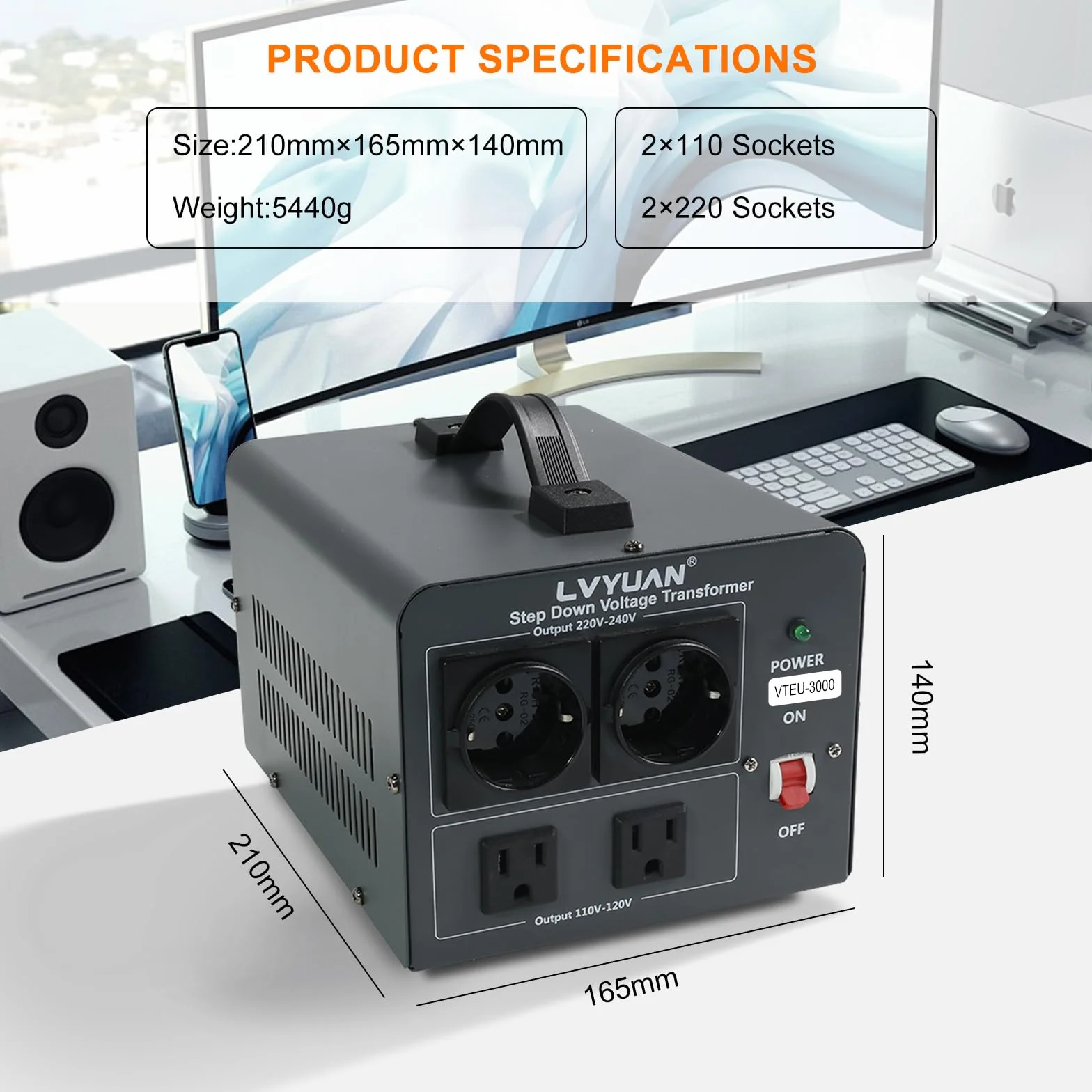 Cantonape Transformador Convertidor de Voltaje Step Down, VTEU-3000, 220V-240V a 110V-120V, con Interruptor ON/OFF, Protección de Circuito Reseteable, 2 Salidas 230V y 2 Salidas 110V
