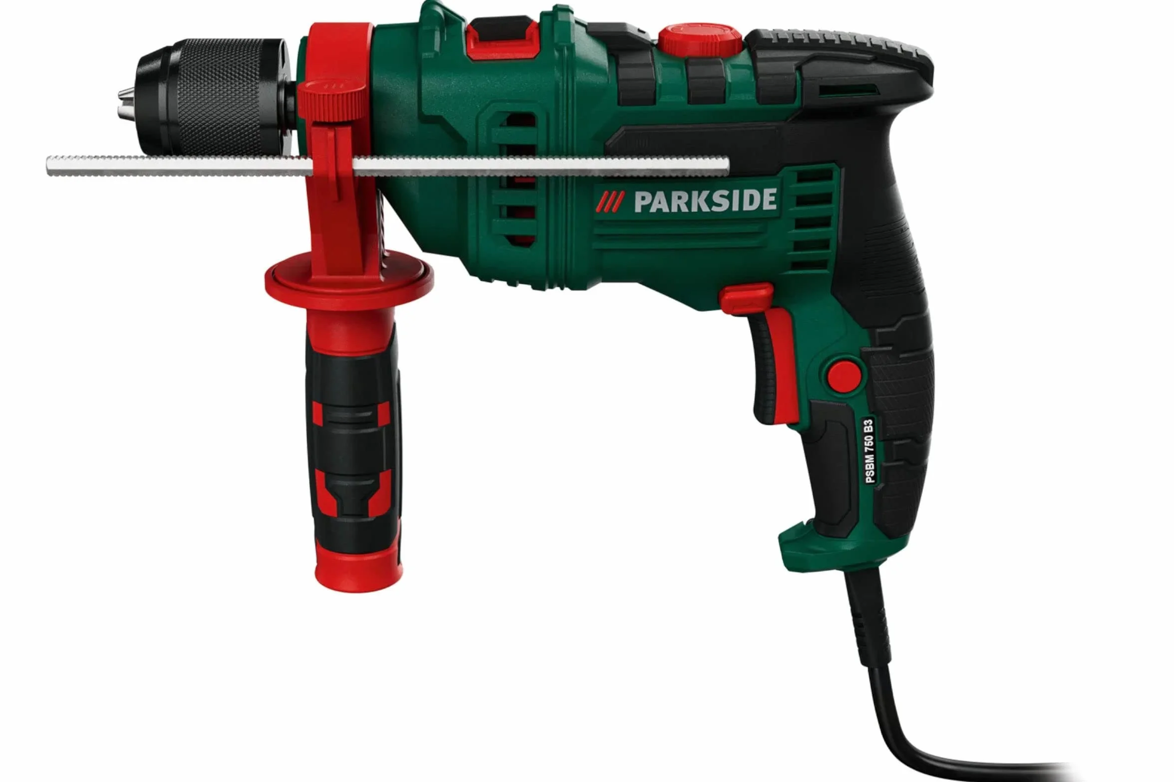 Taladro de percusión Parkside 750w PSBM 750 B3 Ideal para perforar hormigón, piedra, metal o madera. Incluye un tope de profundidad de metal. Viene con un enchufe de Reino Unido
