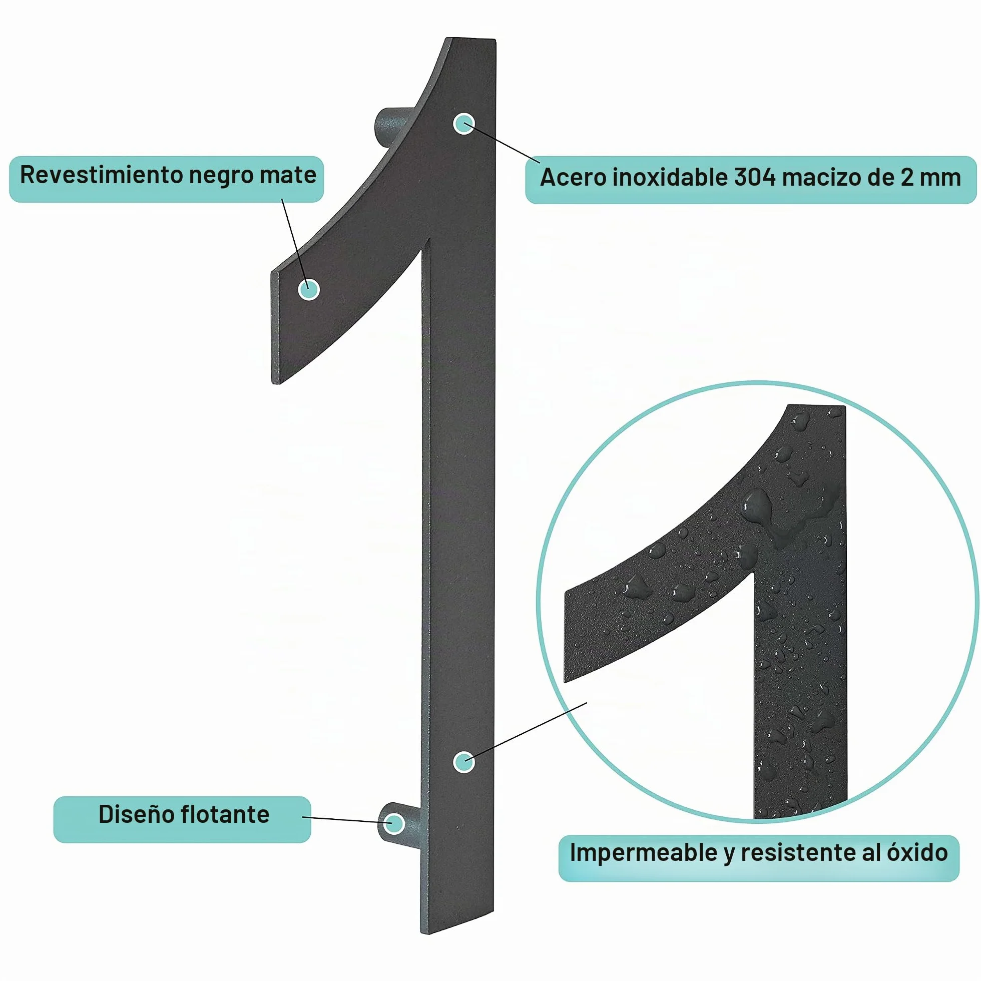 Número de casa Acero inoxidable - RAL 7016 Gris antracita - Aspecto flotante moderno y fácil instalación - Altura 15,2 cm - Arial Número 1