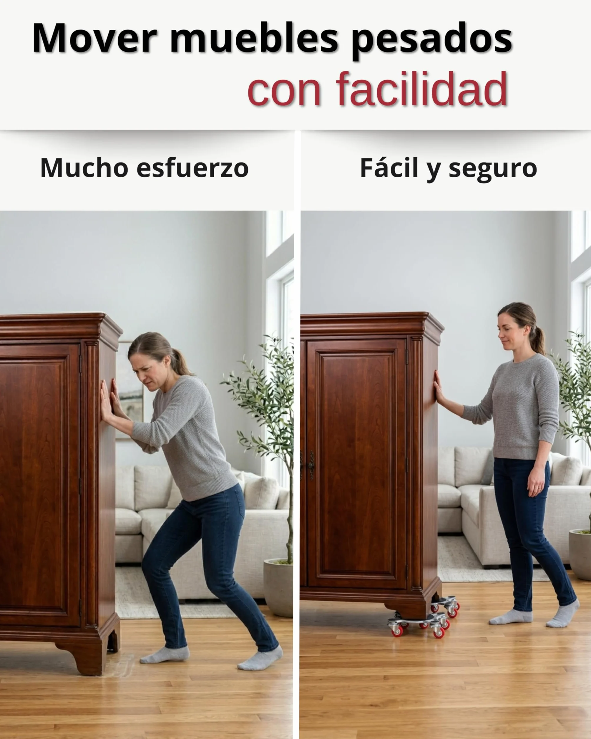 Kit para Mover Muebles Pesados | 4 Plataformas Acero Reforzado con 5 Ruedas 360° y 2 Frenos | Palanca Elevadora Extensible | hasta 800 kg | Protege Parquet y Suelo