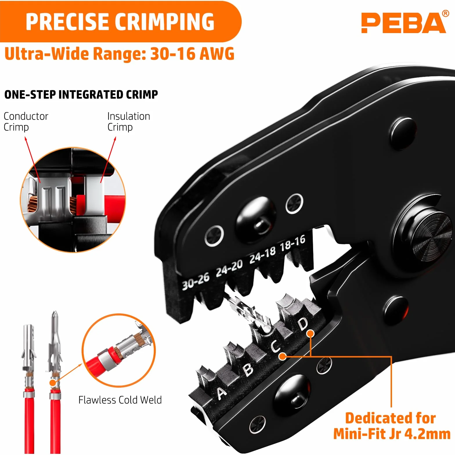 PEBA Kit Crimpado Mini-Fit Jr. 4.2mm Alicate Carraca 2-10 Pines | 12 tipos de conectores compatibles 4,2 mm, crimpado 30-16 AWG para fuentes PC, GPU, ATX y montajes personalizados