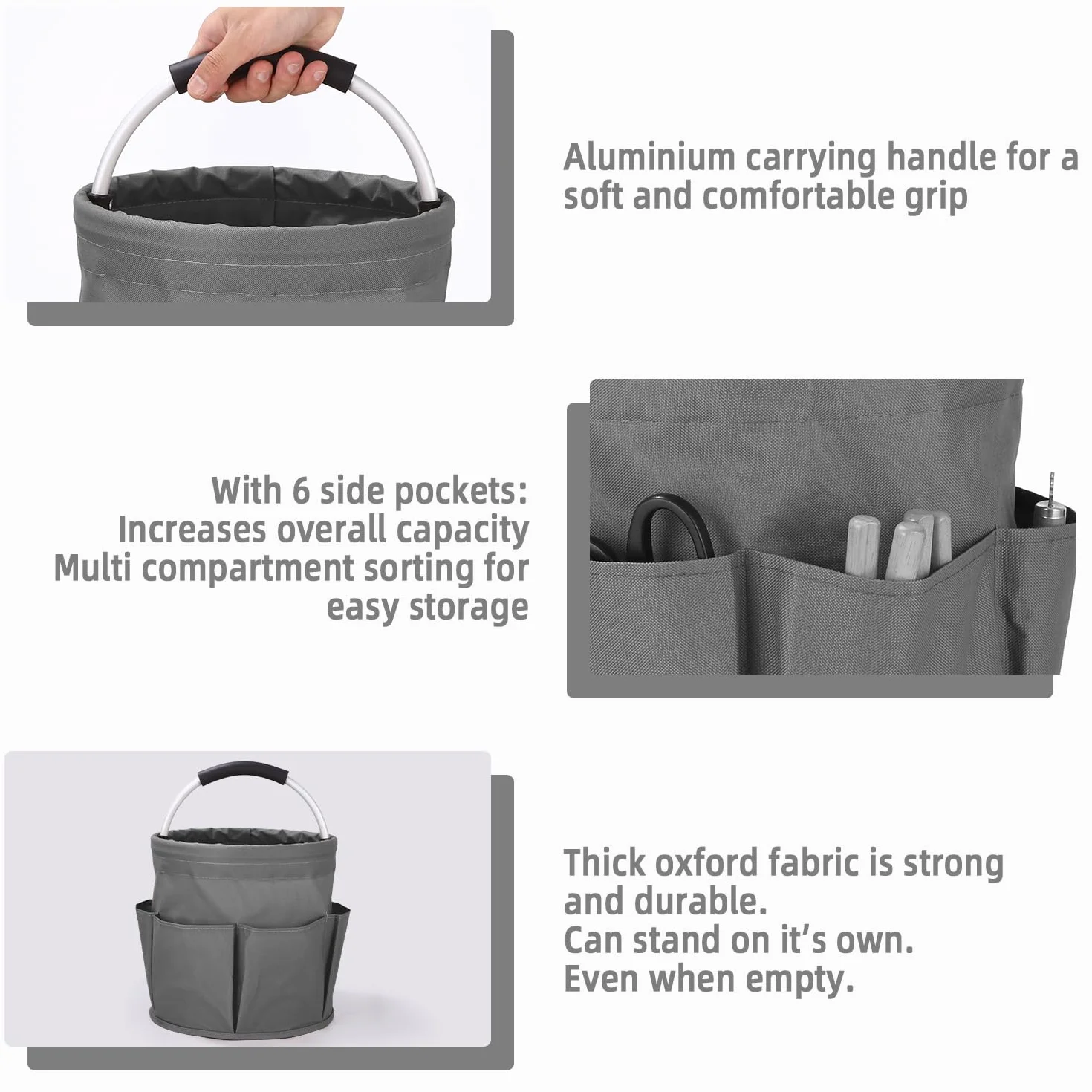Cestas para Herramientas con 6 Bolsillos,Bolsa de Jardin Herramientas Plegable,Bolsa Organizadora Para Guardar Cosas en Casa, ir de Compras, Excursiones al Aire Libre, Picnics(Gris)