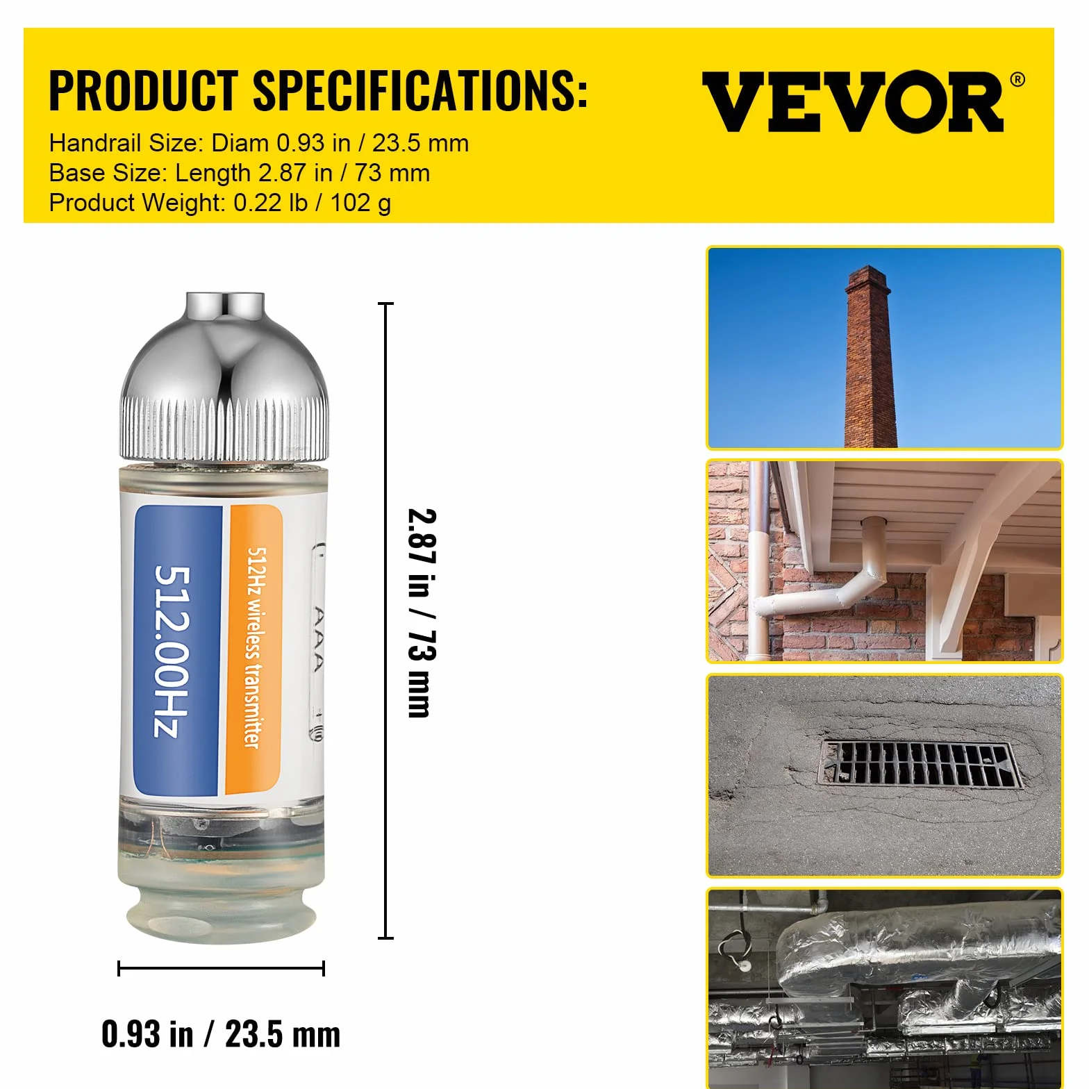 VEVOR 512HZ Sonda Conectores de 8/5" y 1/4-20" Localizador de drenaje rígido para localizar y detectar pequeñas alcantarillas y tuberías, plateado