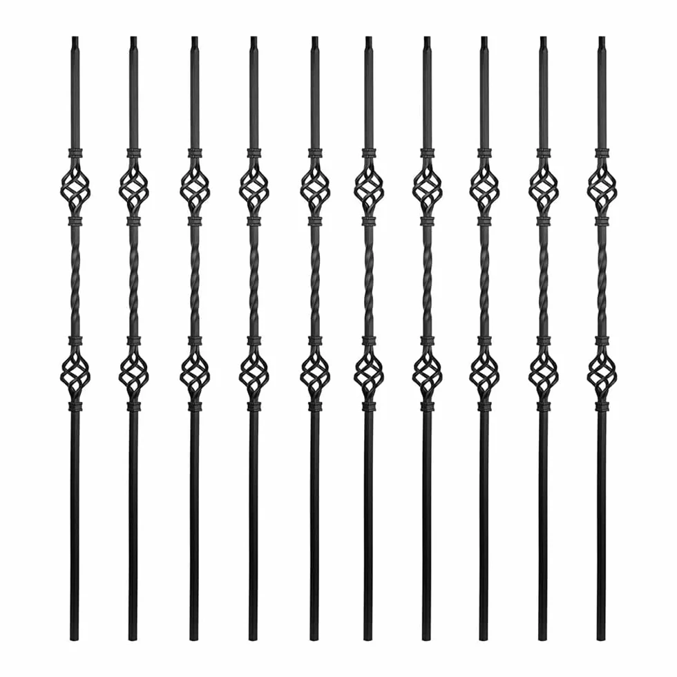 Balaustres de hierro para interior de escalera (caja de 10) husillos de escalera cuadrados de metal de 1,27 cm – Balaustres de escalera de doble canasta hueca de un solo giro (negro satinado