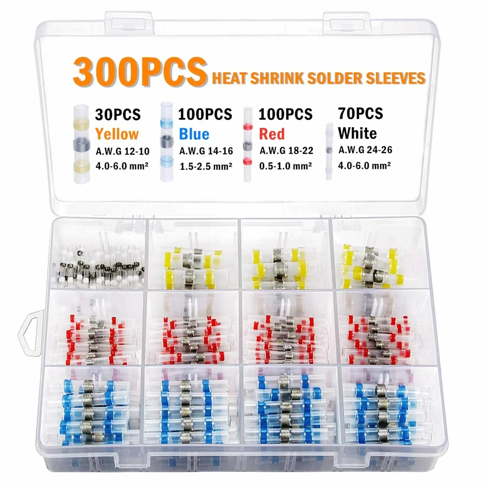 Kit de 300 conectores de cable eléctrico termorretráctiles con aislamiento surtido, terminales de empalme con manguito de soldadura, AWG10-26