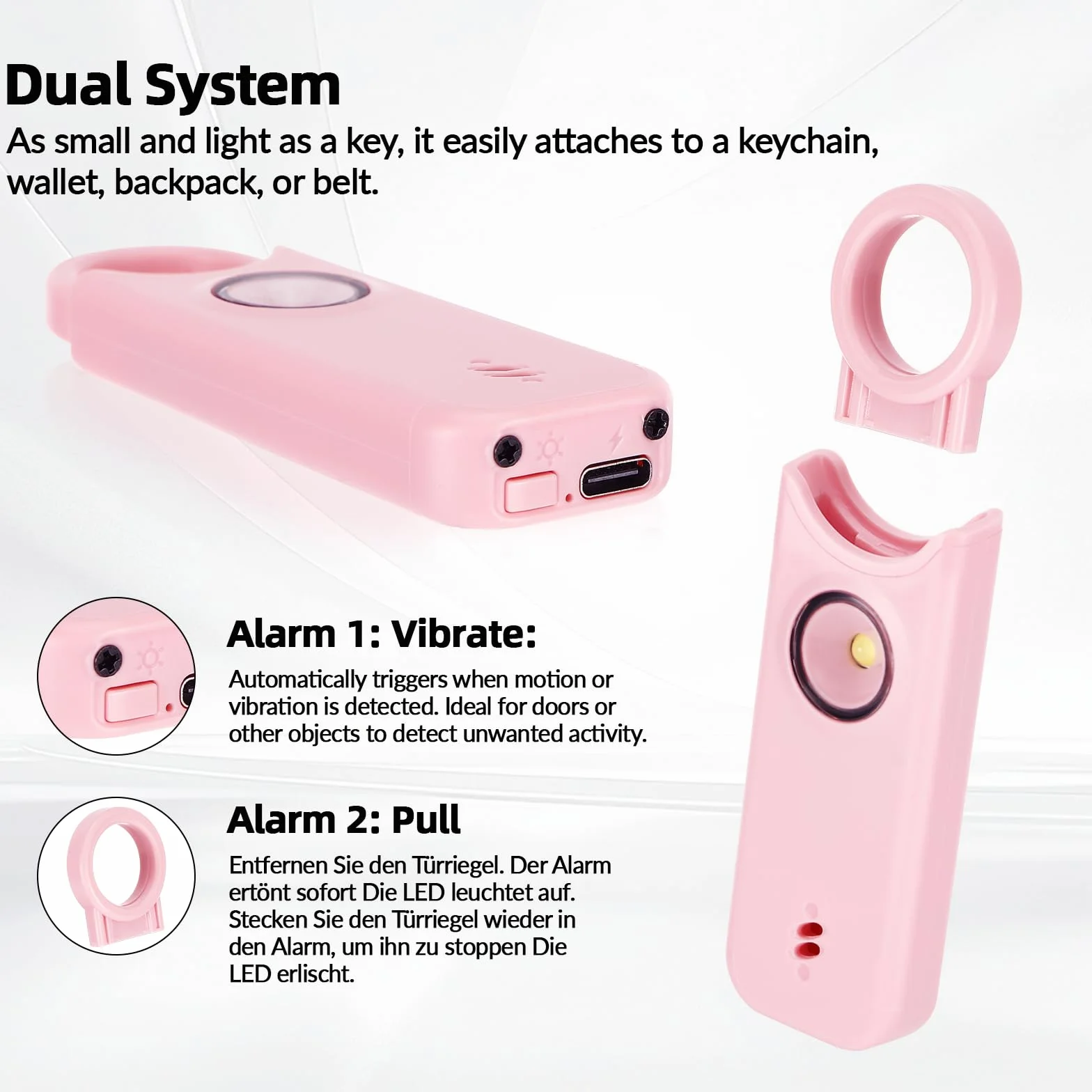 Sprifityy Alarma Personal, Alarma De Bolsillo para Mujer, con Sirena de 130 dB y luz de Señalización LED, Llavero Recargable USB Tipo-C para Mujeres, Niños/Mujeres/Ancianos (Rosa)