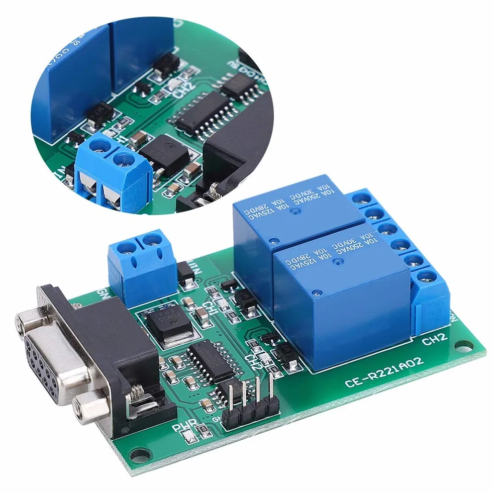 Módulo Relé DC 12V 2 Canales con Interfaz DB9 Protocolo UART RS232 Placa de Control Remoto para Circuito