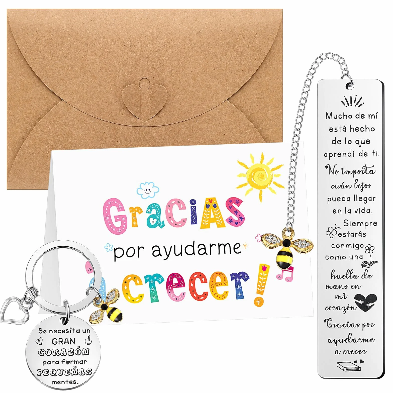 Weewooday 4 Piezas Set de Regalos de Agradecimiento para Maestro Marcapáginas Llavero de Profesor Tarjeta con Sobre Gracias por Ayudarme a Crecer Día del Maestro Graduación Abeja