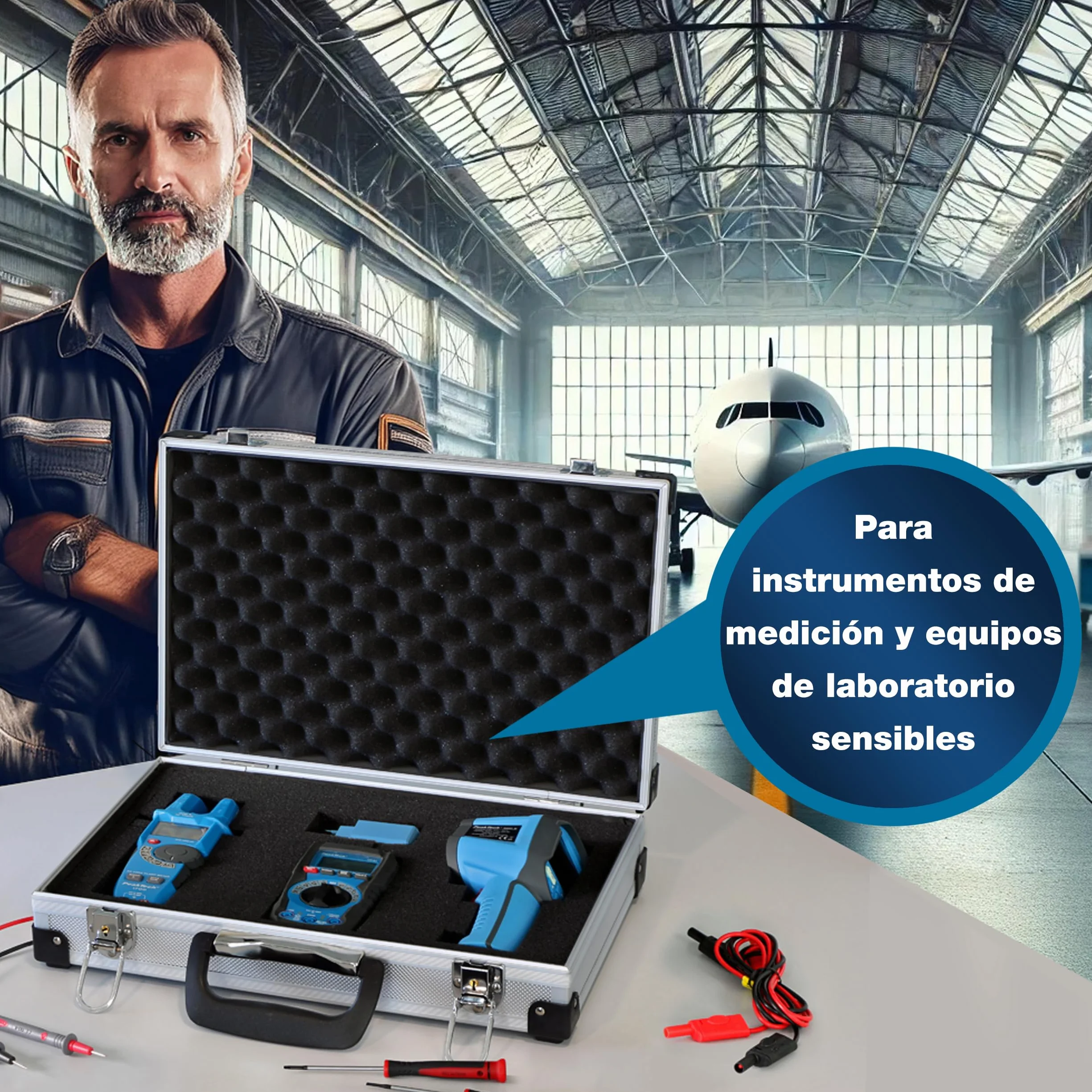 PeakTech 7260 Estuche de transporte de aluminio resistente para instrumentos de medición, acolchado de espuma, L - 370x80x230 mm