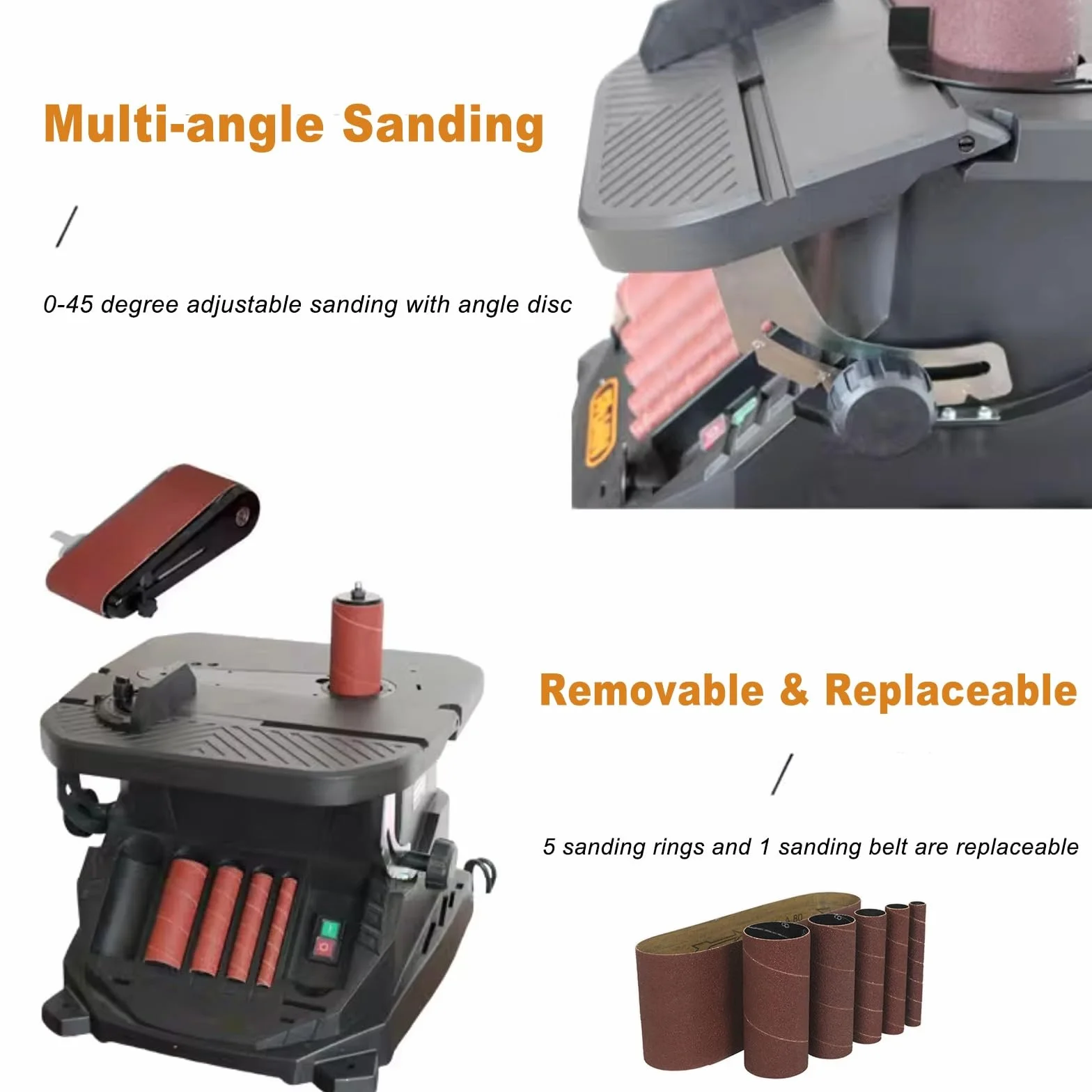 Lijadora combinada 2 en 1 con husillo oscilante vertical y lijadora de banda, lijadora de bobina para carpintería con 5 mangas de lijado, mesa inclinable a 45°, para contornos y curvas