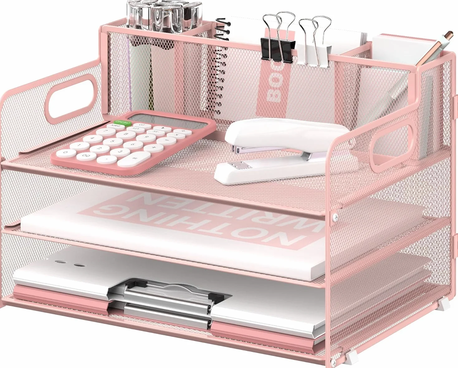 Organizador de escritorio 3 niveles con asa soportes bolígrafos papel archivos malla bandeja oficina rosa