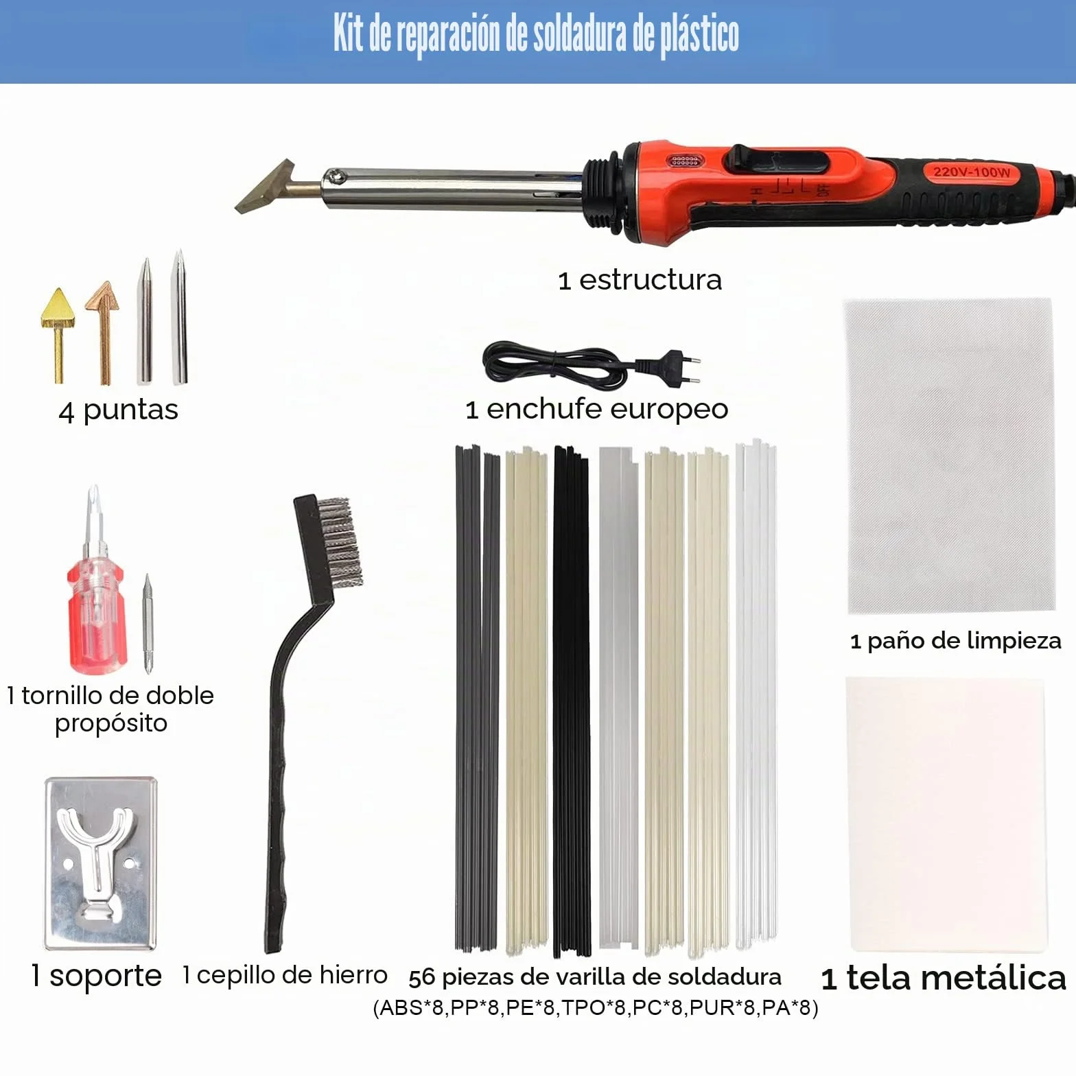 Soldadura de plástico 100 W multifunción 3 ajustes de plástico máquina de reparación con 4 puntas de soldadura varillas de soldadura soporte de hierro caliente red de parches cepillo de alambre