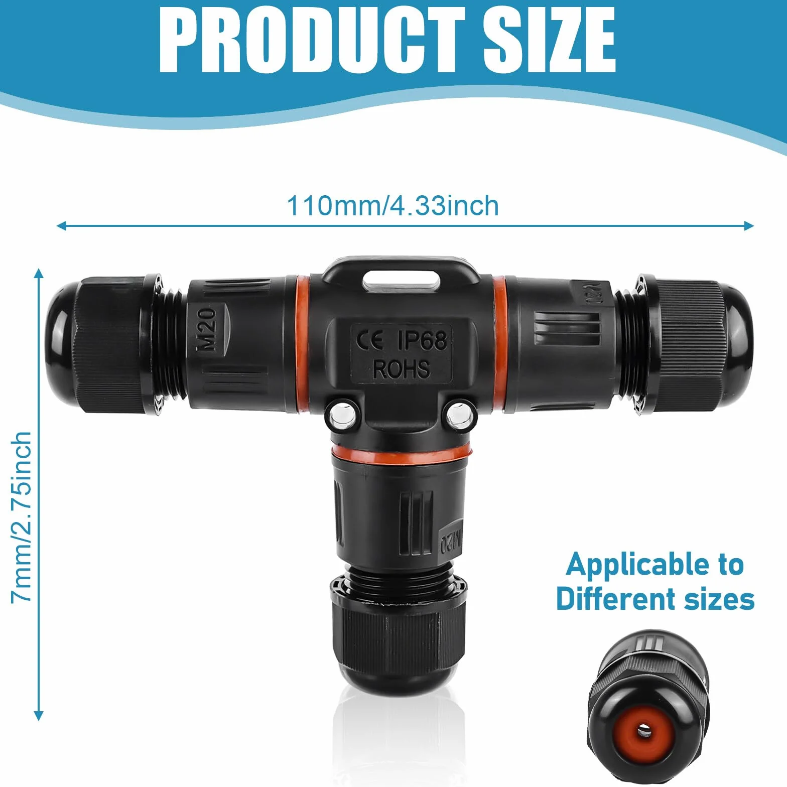 2 conectores de cable impermeables, IP68, resistentes al agua en forma de T, conector de cable de 3 pines, conector de cable subterráneo para diámetro de cable de 3 a 12 mm de diámetro para jardín al