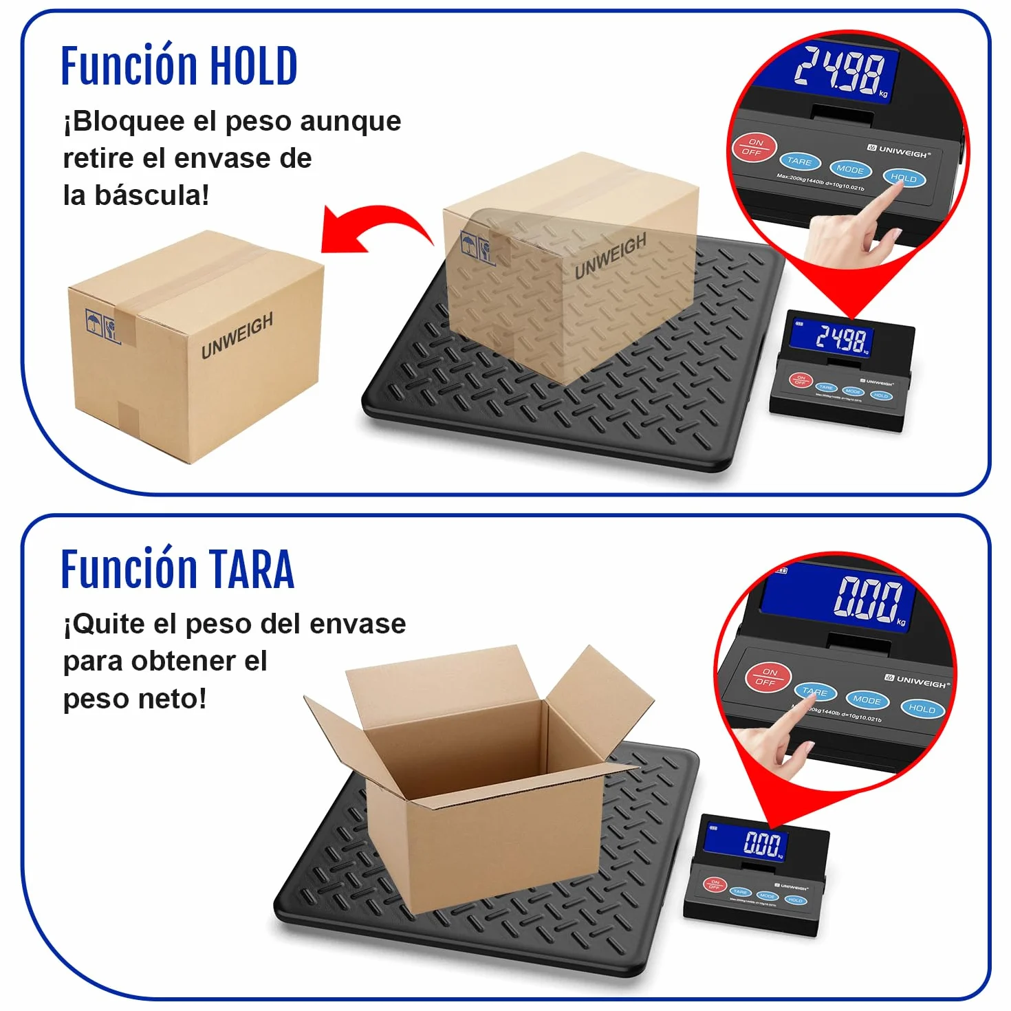 UNIWEIGH Báscula digital para paquetes 10 g precisión pantalla LCD retroiluminada plataforma acero aleado USB/batería tara Hold Auto-Off