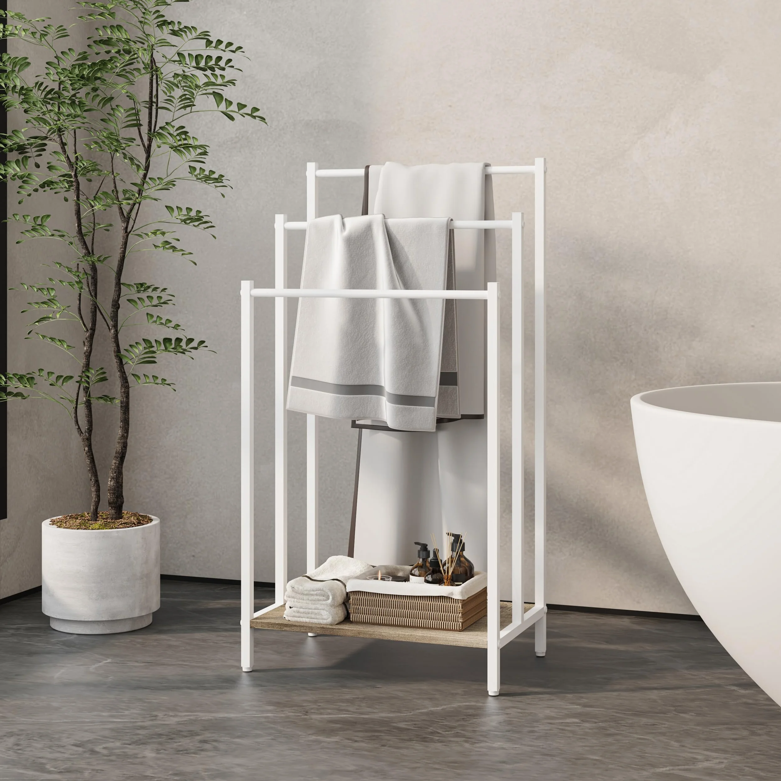 Relaxdays toallero de pie con repisa, Efecto Madera, 3 Barras, 81x43x28 cm, Natural/Blanco