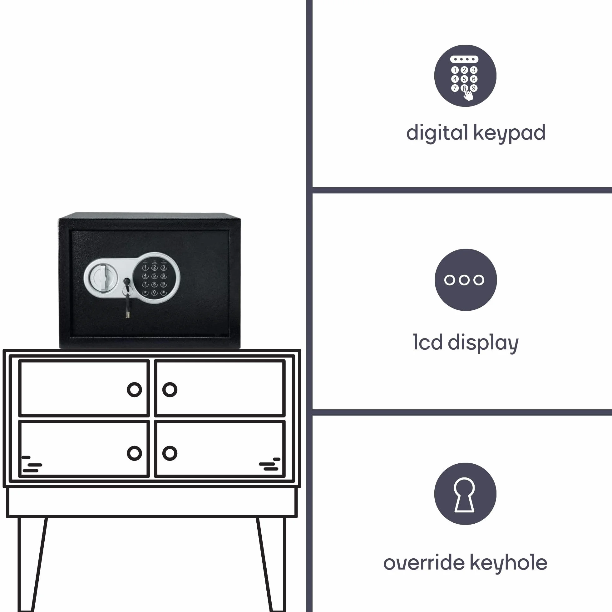 Perel Caja fuerte electrónica con código digital y llave de emergencia, caja de seguridad de acero espaciosa con interior acolchado, mini caja para joyas, documentos y dinero, 20x31x20 cm