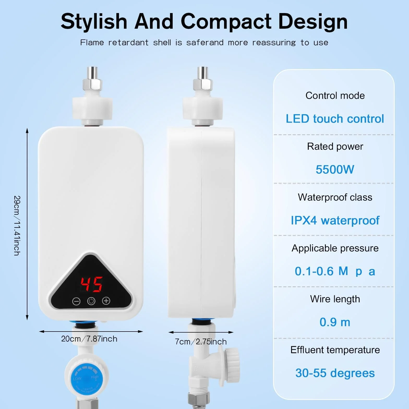 Calentador De Agua Eléctrico, Mini Calentador de Agua 220 V 5500 W, 30-55 °C, Temperatura Ajustable, Ducha de Calentador Instantáneo sin Tanque con Pantalla LED para Cocina y Baño (RYK-009)
