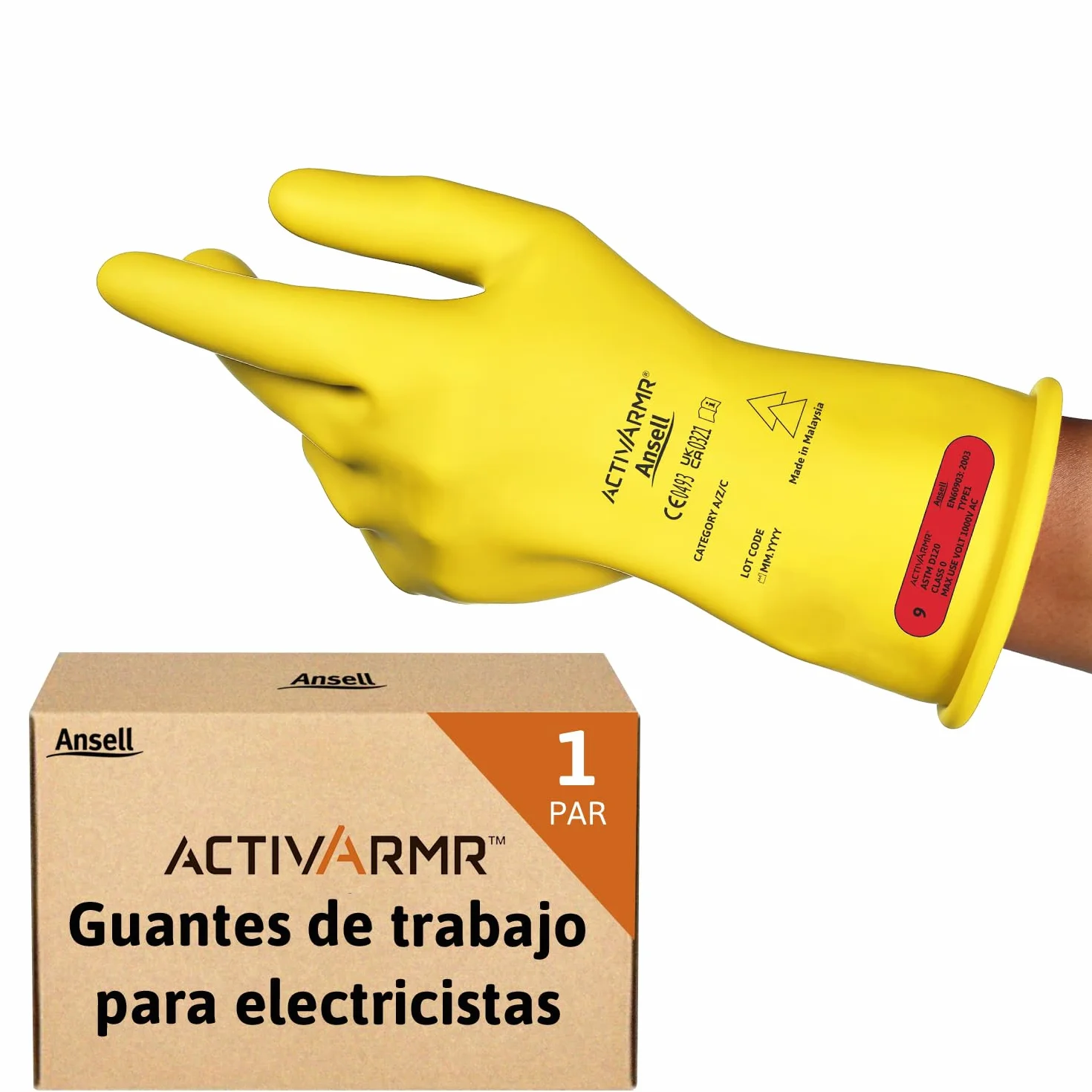Ansell ActivArmr Guantes Aislantes Dieléctricos, Protección Eléctrica Class 0 (Tensión 1000V), Trabajos con Electricidad, Látex de Caucho Natural, 28cm, Amarillo, Talla M (1 Par)