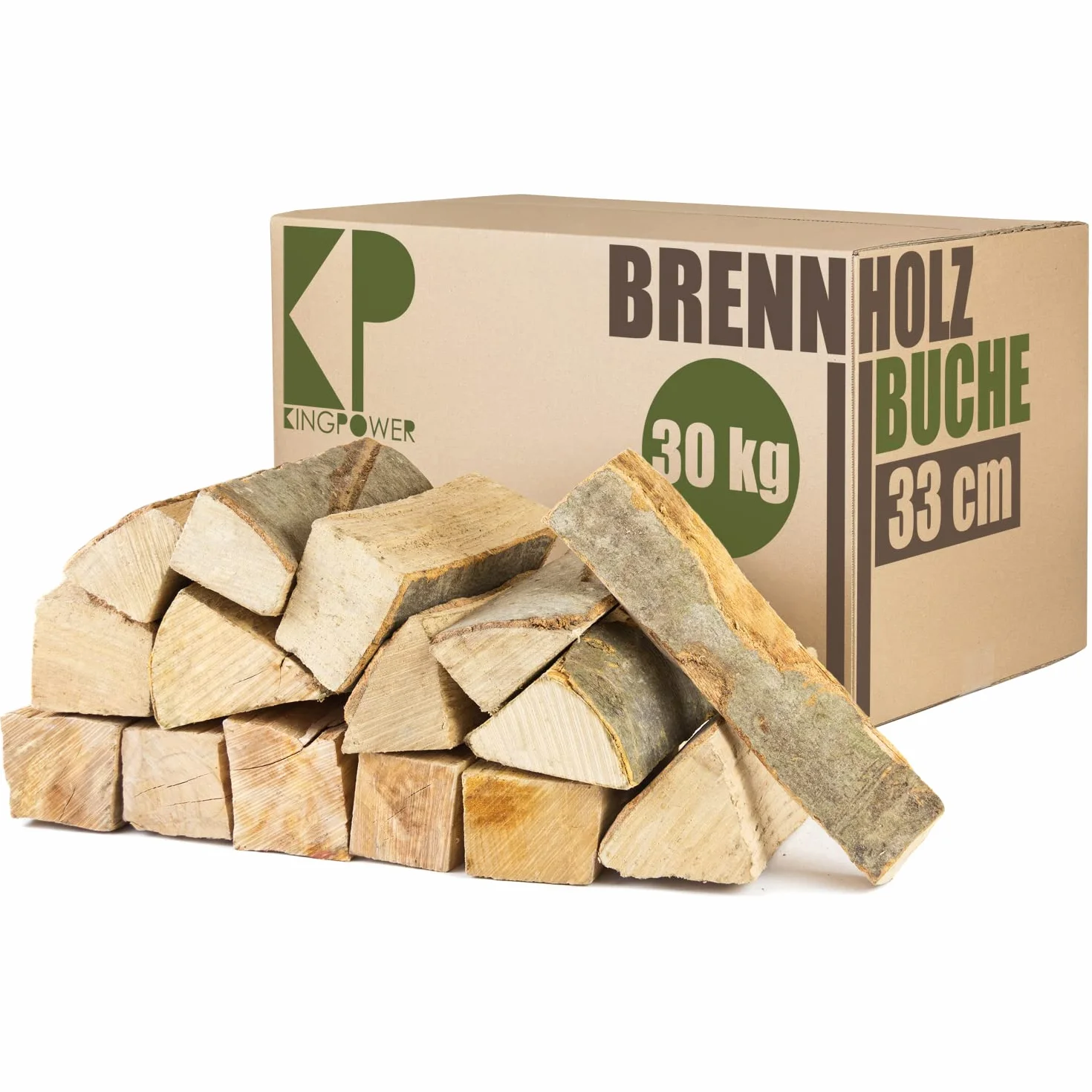 Leña Madera 33 cm para Estufa y Chimenea Brasero Parrilla Cesta de Fuego Troncos de Madera de Haya 30, 60 o 90 kg Kingpower, Cantidad:30 kg