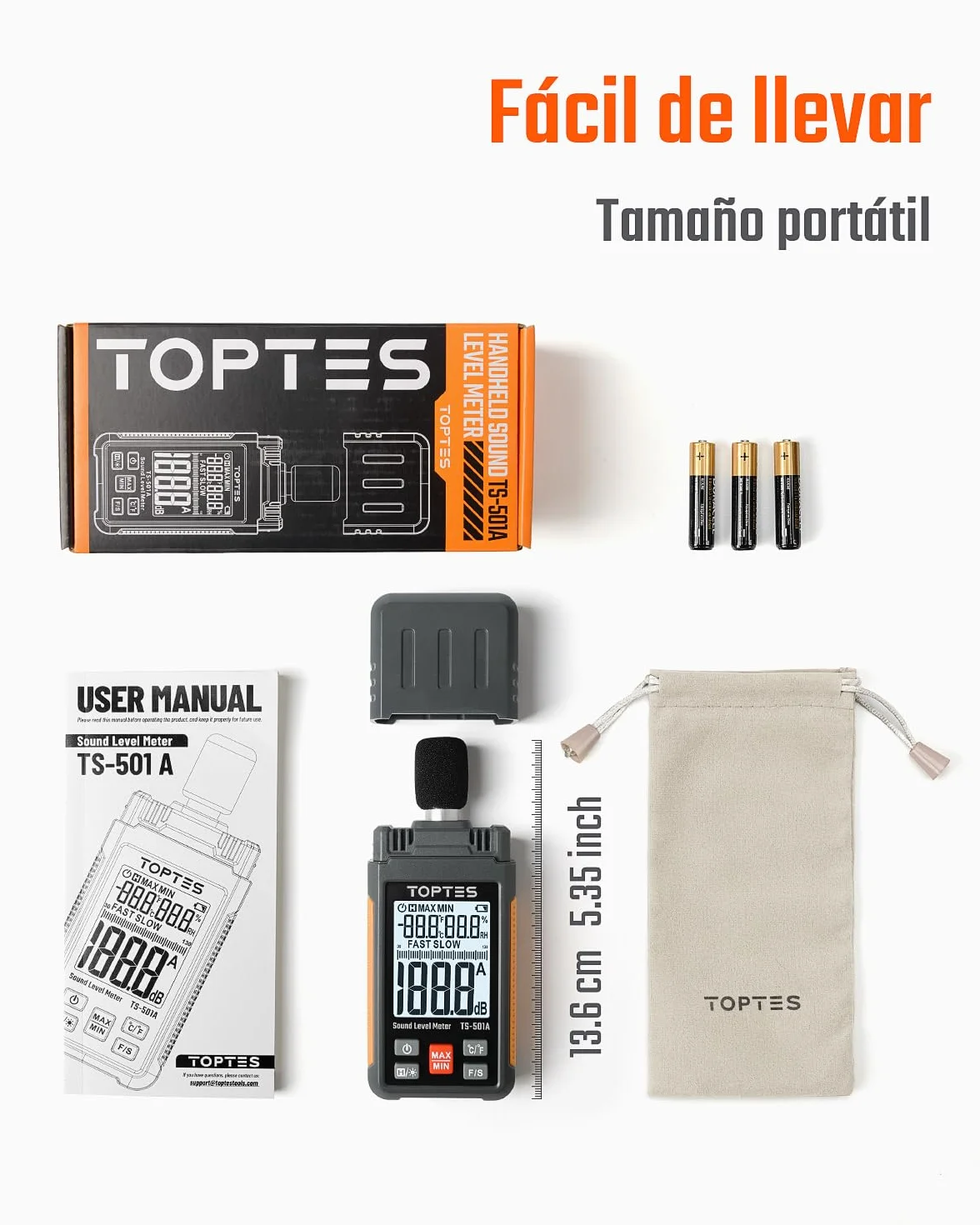 TopTes TS-501A Sonómetro Medidor de Decibelios 30-130 dB LCD 2,25 Pulgadas Naranja