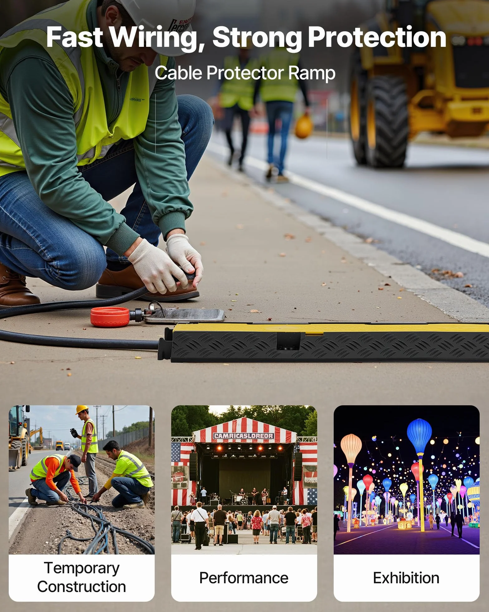 VEVOR Protector de Cables para Suelo de 2 Canales 32 x 31 mm Rampa de Protección de Cable 9979 kg Caucho