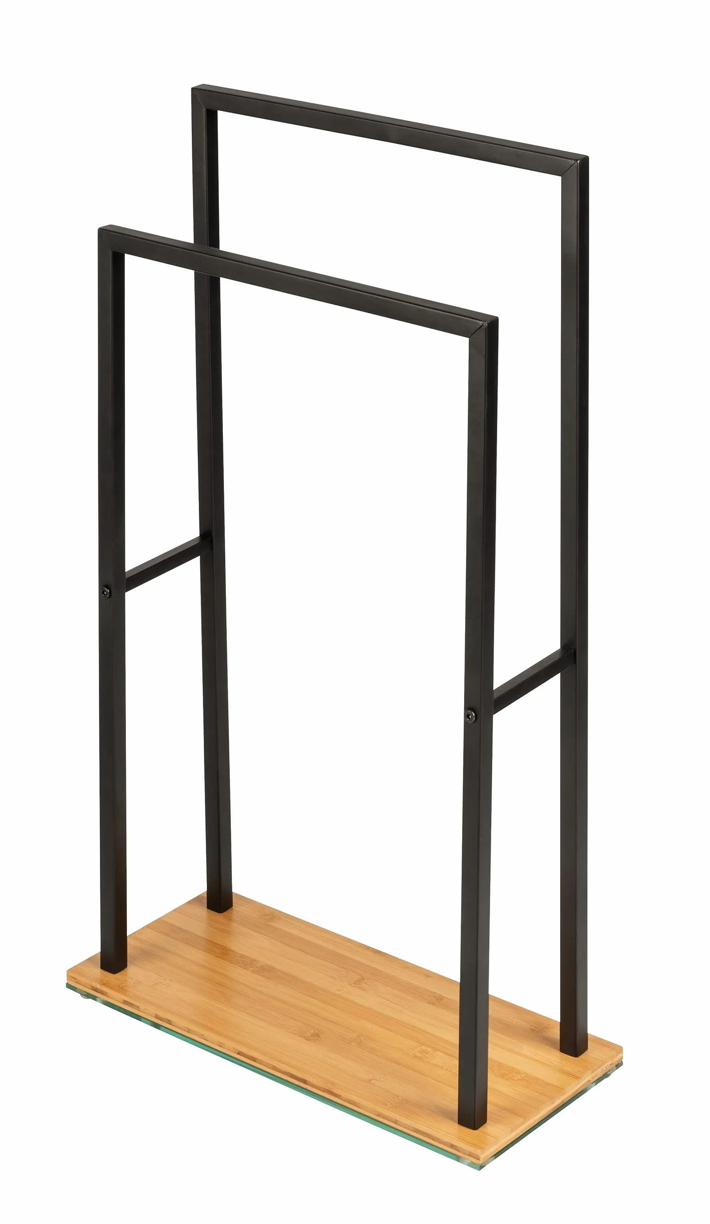 WENKO Toallero de pie «Bambusa», con 2 barras verticales para toallas, base de bambú, estructura de acero negro, estilo loft, accesorio de baño sostenible, 46 x 20 x 80 cm, color natural/negro