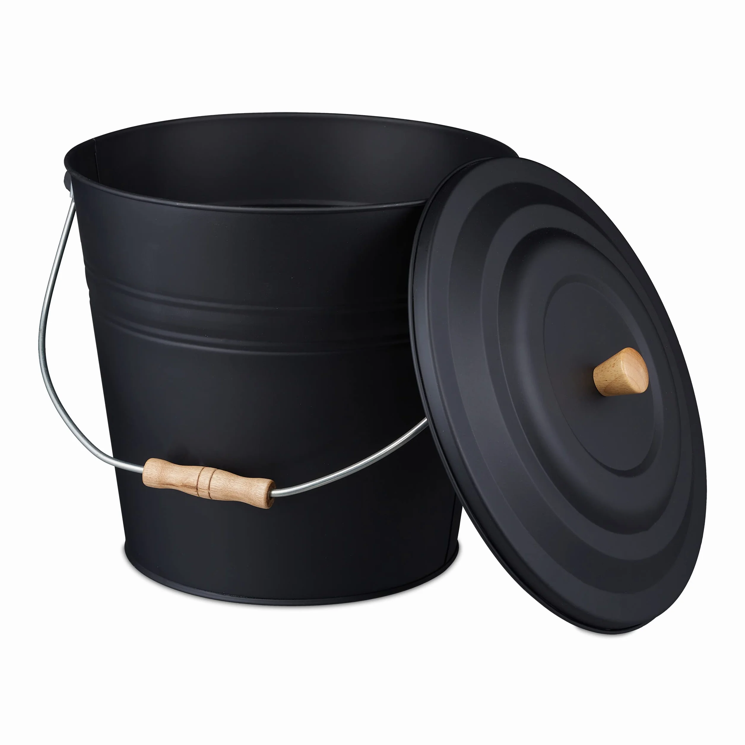 Relaxdays Cubo Cenizas con Tapa, 12 litros, Accesorio Chimenea, BBQ, Acero y Madera, Contenedor Ceniza con Asa, Negro