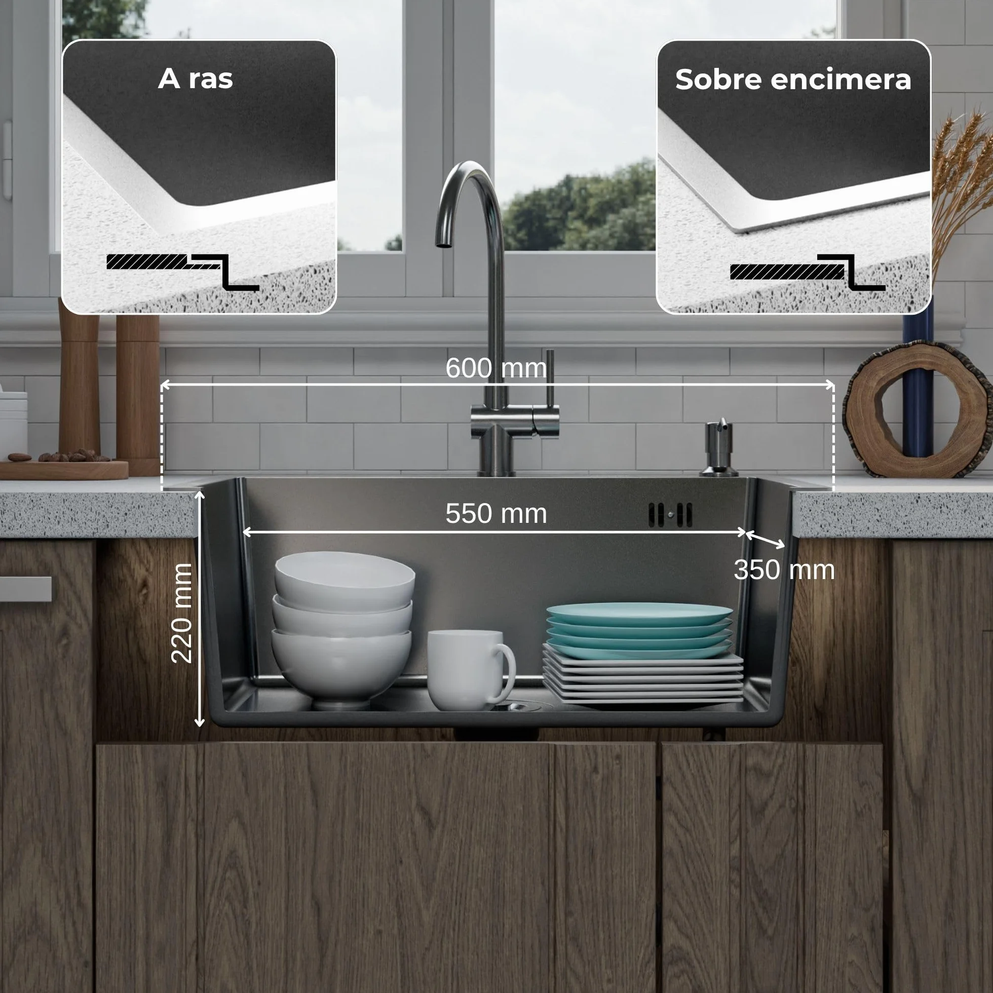 ANW HOME Fregadero Cocina 1 Seno, Acero Inoxidable 60x45 cm, Fregadero sobre Encimera Grafito PVD con Superficie Nano, Grosor 3,0+1 mm, con Sifón Dosificador de Jabón y Cesta