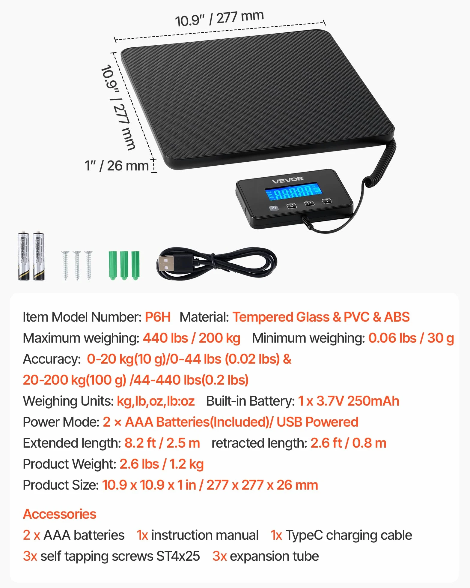 VEVOR Báscula Digital para Paquetes 200 kg Plataforma con Tara Retención Pantalla LCD