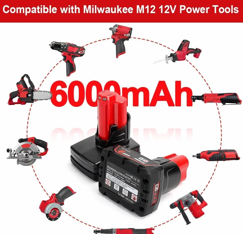 2X M12B6 12V 6.0Ah Batería Compatible con Milwaukee 12V XC Herramientas | para 48-11-2401, 48-11-2402, 48-11-2411, 48-11-2420,con Indicador LED,Batería Li-ion 6000mAh de Repuesto