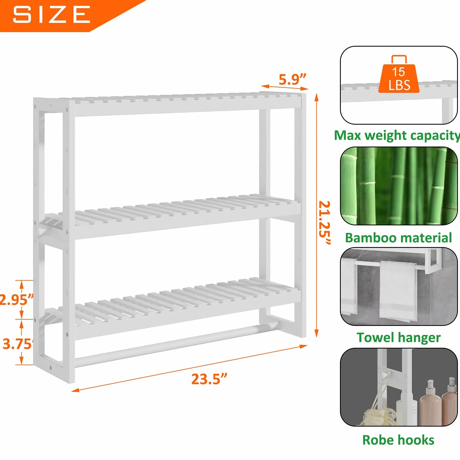 RRX Organizador de almacenamiento de estante de baño, 15 cm de profundidad x 60 cm de ancho x 53,8 cm de alto, organizador de cocina flotante de bambú de 3 niveles ajustable con barra, unidades de