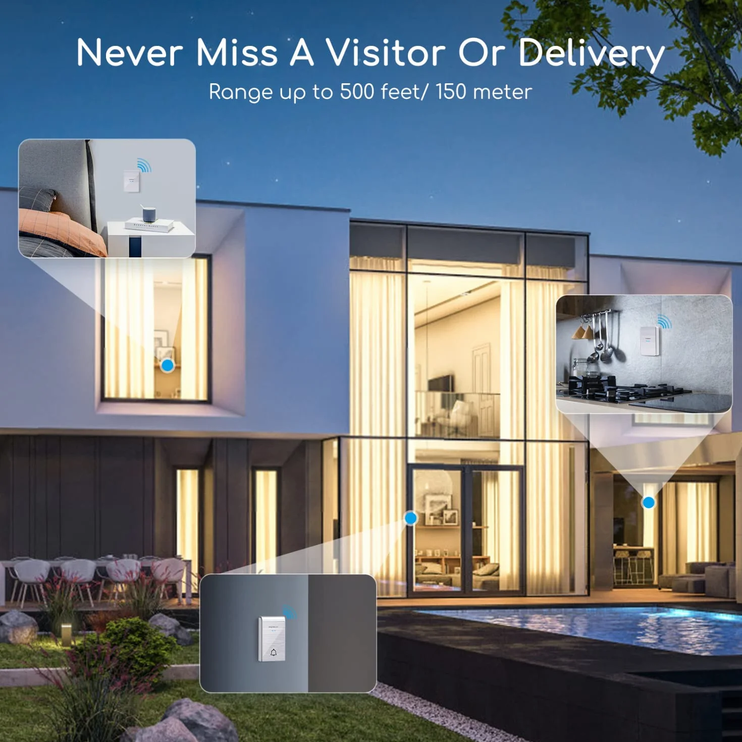Aigostar Timbre inalámbrico con 2 Receptores, Timbre de Puerta con Indicadores LED, Impermeable IP44 para Interior y Exterior, 3 Niveles de Volumen y 36 Melodías, Plata